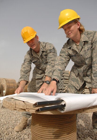 KIRKUK REGIONAL AIR BASE, Iraq – Staff Sgt. Matt Ruggiero and Senior Airman Laura Hunter, 506th Air Expeditionary Communications Squadron, plan communications structures for underground installation, which will support future Iraqi telecommunication networks here.  Sergeant Ruggiero is an Erie, Penn., native deployed from Whiteman AFB, Mo., and Airman Hunter is an Elkhart, Ind., native deployed from the 22nd CS, McConnell AFB, Kan. (Photo by Senior Airman Jessica Lockoski)
