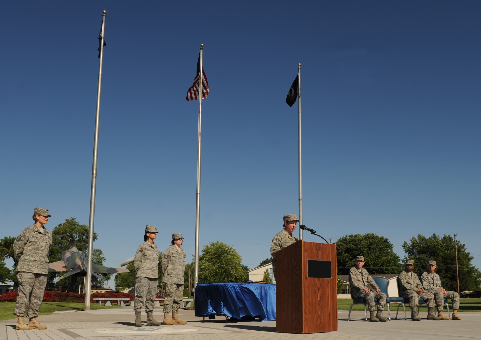 MOUNTAIN HOME AIR FORCE BASE, Idaho-- Maj. Eileen Kirkland, 366th Force Support Squadron commander, speaks at the 366th FSS activation ceremony as she assumes command June 23 at Holt Park. The ceremony officially deactivated the 366th MSS and redesignated the 366th SVS as the 366th FSS. (U.S. Air Force photo/ Airman 1st Class Renishia Richardson)