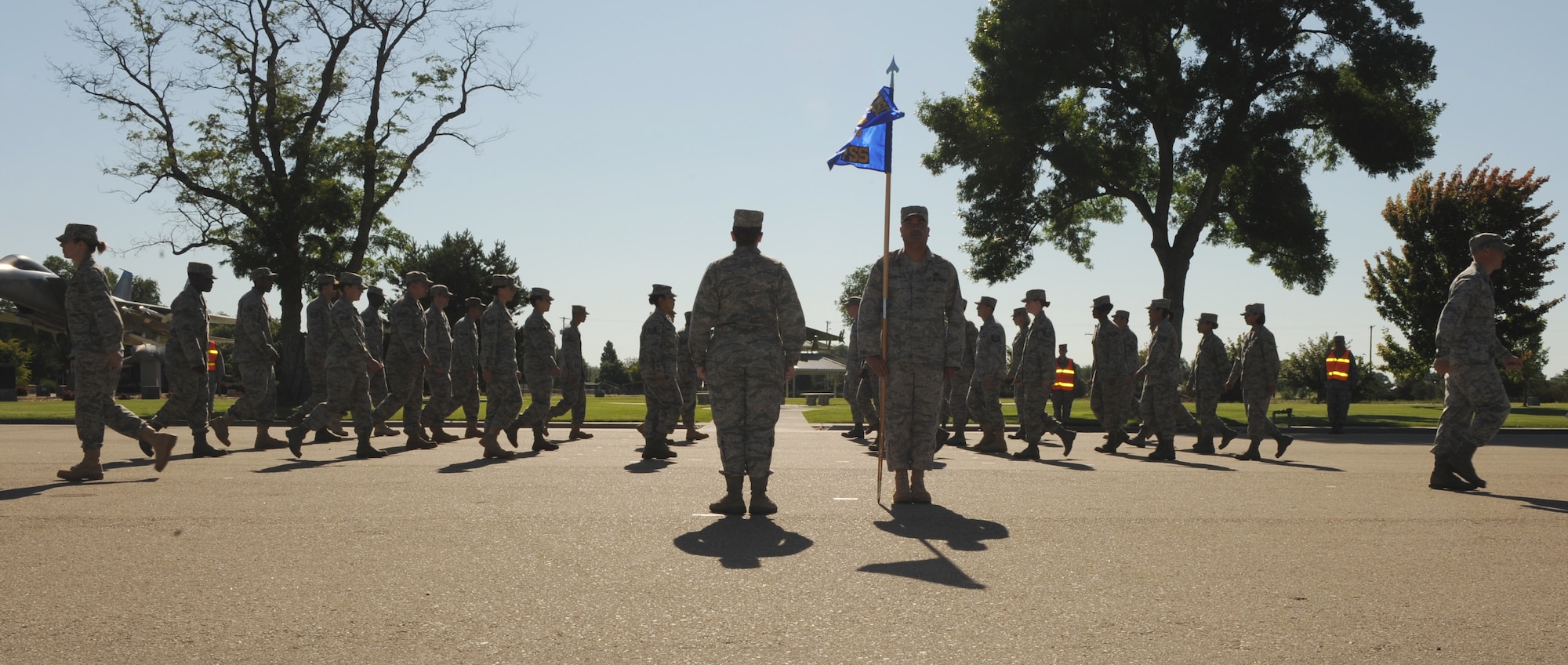 MOUNTAIN HOME AIR FORCE BASE, Idaho-- The 366th Mission Support Squadron and 366th Services Squadron merge together during the 366th Force Support Squadron activation ceremony June 23 at Holt Park. The ceremony officially deactivated the 366th MSS and redesignated the 366th SVS as the 366th FSS. (U.S. Air Force photo/ Airman 1st Class Renishia Richardson)