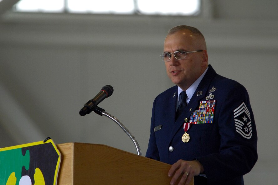 MINOT AIR FORCE BASE, ND – Chief Master Sgt. Mark Clark, 5th Bomb Wing command chief, delivers closing remarks at his retirement ceremony here, June 19. 