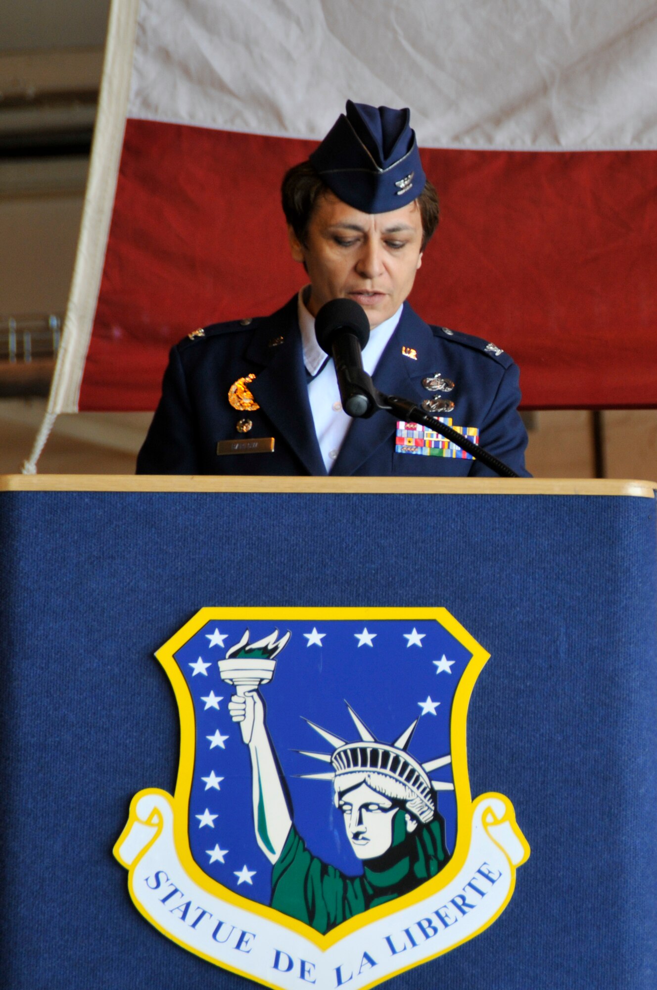 Col. Cassie Barlow, 48th Mission Support Group Commander, addresses her command for the first time, June 18, 2009 at RAF Lakenheath, England. (U.S. Air Force photo by Airman 1st Class Perry Aston) (Released)