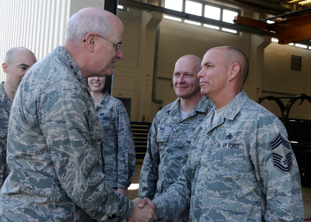 SPANGDAHLEM AIR BASE, Germany – Lt. Gen. Loren Reno, deputy chief of staff for logistics, Installations and Mission Support, Headquarters U.S. Air Force, Washington, D.C., meets with Chief Master Sgt. William Brown, 52nd Component Maintenance Squadron, and other 52nd CMS Airmen during his visit here June 17. General Reno is responsible to the Chief of Staff for leadership, management and integration of Air Force logistics readiness, aircraft and missile maintenance, civil engineering and security forces. He also makes policies and prepares budget estimates that reflect enhancements to productivity, combat readiness and quality of life for Air Force people. (U.S. Air Force photo by Airman 1st Class Staci Miller)