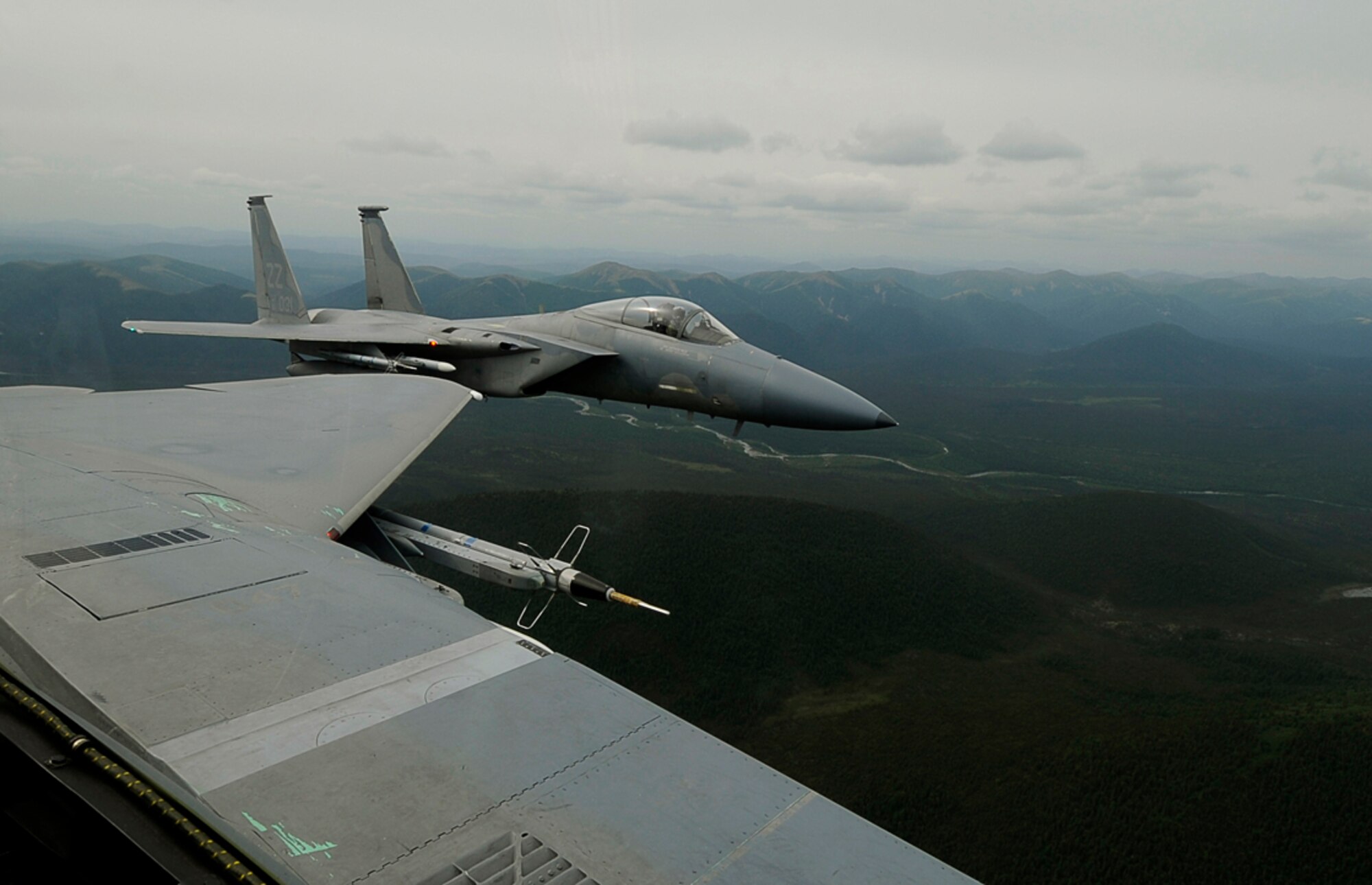 F-15 Eagles from the 44th Fighter Squadron, Kadena AB, Okinawa, Japan, take part in exercise Northern Edge 2009, Elmendorf AFB, Alaska, June 17, 2009.  Northern Edge 2009 is Alaska's largest military training exercise.  It prepares joint forces to respond to crises throughout the Asia-Pacific region.  (Released/U.S. Air Force photo by TSgt Dennis J. Henry Jr.)
