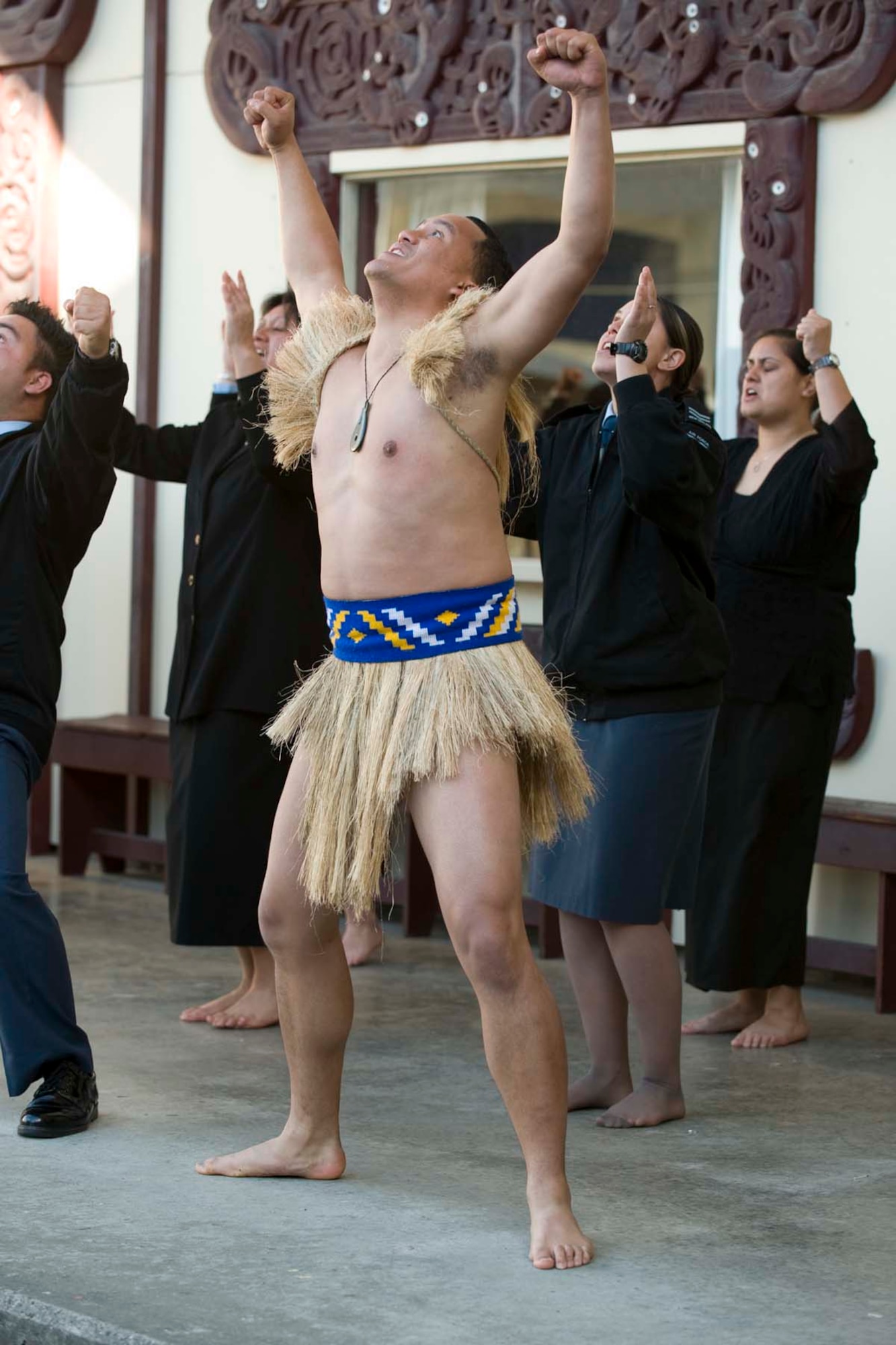 Royal New Zealand Air Force members welcome delegates of the Pacific Rim Airpower Symposium and Senior Enlisted Leadership Conference during a powhiri in Wellington, New Zealand, June 23.  This traditional Maori welcome invites peaceful visitors in to a meeting place, known as a marae, for food, shelter and the sharing of knowledge.  Representatives from 19 Asia-Pacific nations took part in the events June 23-27, aimed at improving cooperation and interoperability between regional air forces. (New Zealand Defence Force photo/LAC Rachael Park)
