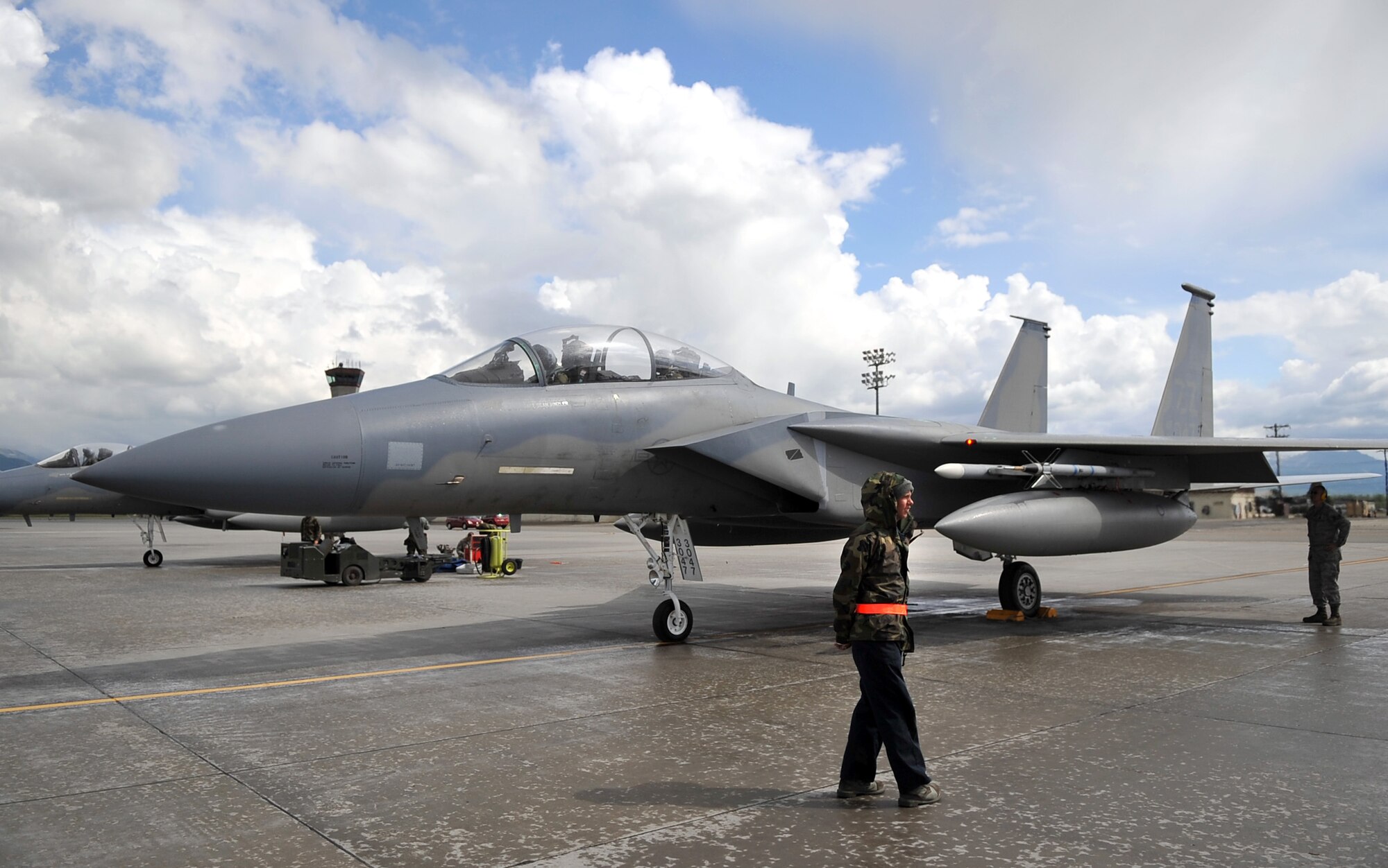 090624-F-2034C-132
Airman 1st Class Ty Heinbaugh waits to launch his F-15C Eagle fighter aircraft June 24, 2009 during Exercise Northern Edge 2009 held at Elmendorf Air Force Base, Alaska. Airman Heinbaugh is a crew chief from the 18th Aircraft Maintenance Squadron, Kadena Air Base, Japan. Northern Edge is Alaska?s largest military training exercise that prepares joint forces to respond to crises throughout the Asia-Pacific region. (U.S. Air Force photo/ MSgt Shane A. Cuomo) RELEASED
