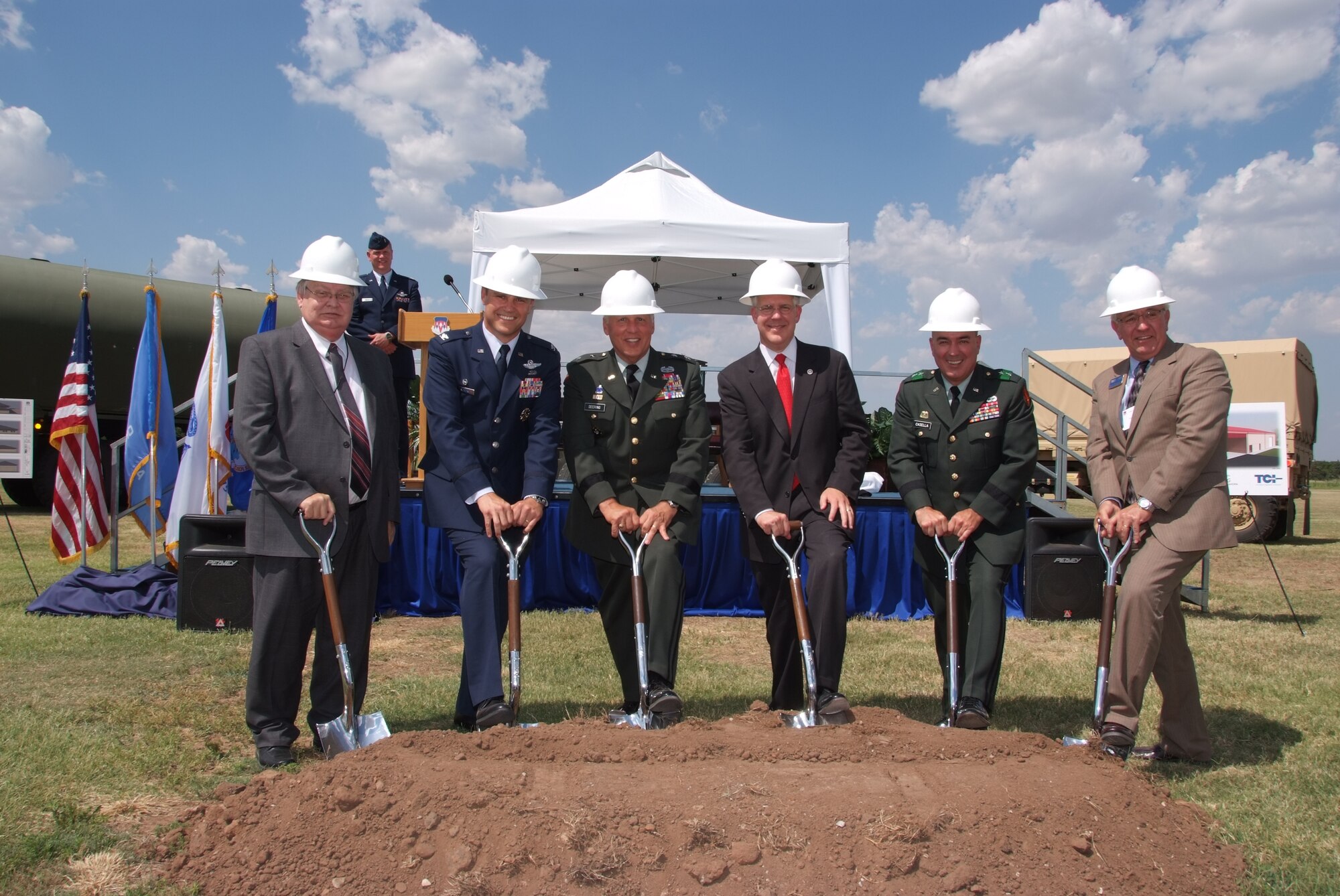 Ground is broken for the new Armed Forces Reserve Center June 24 at Vance AFB . The AFRC, a $20 million project, is scheduled for completion next year in 2010. From left are: John Criner, Mayor of Enid; Col. Nowland, 71st Flying Training Wing commander; Maj. Gen. Myles Deering, Adjutant General of Oklahoma; Brad Henry, Governor of Oklahoma; Maj. Gen. Bruce Casella, Commanding General of the 63rd Regional Readiness Command; and Jerry Jorgensen, President of TCI, Inc. (U.S. Air Force photo by Terry Wasson)