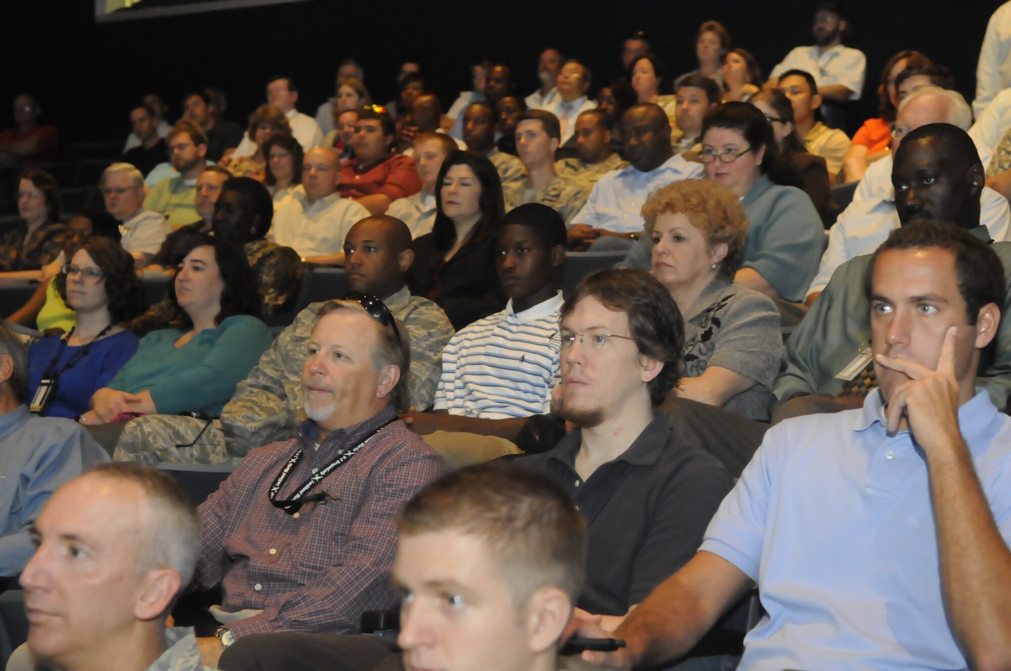 People at Robins had a chance to hear the latest on acquistion at two town hall meetings led by Lt Gen Mark D. "Shack" Shackelford, Military Deputy, Office of the Assistant Secretary of the Air Force for Acquistion at the Museum of Aviation June 23. U. S. Air Force photo by Sue Sapp 