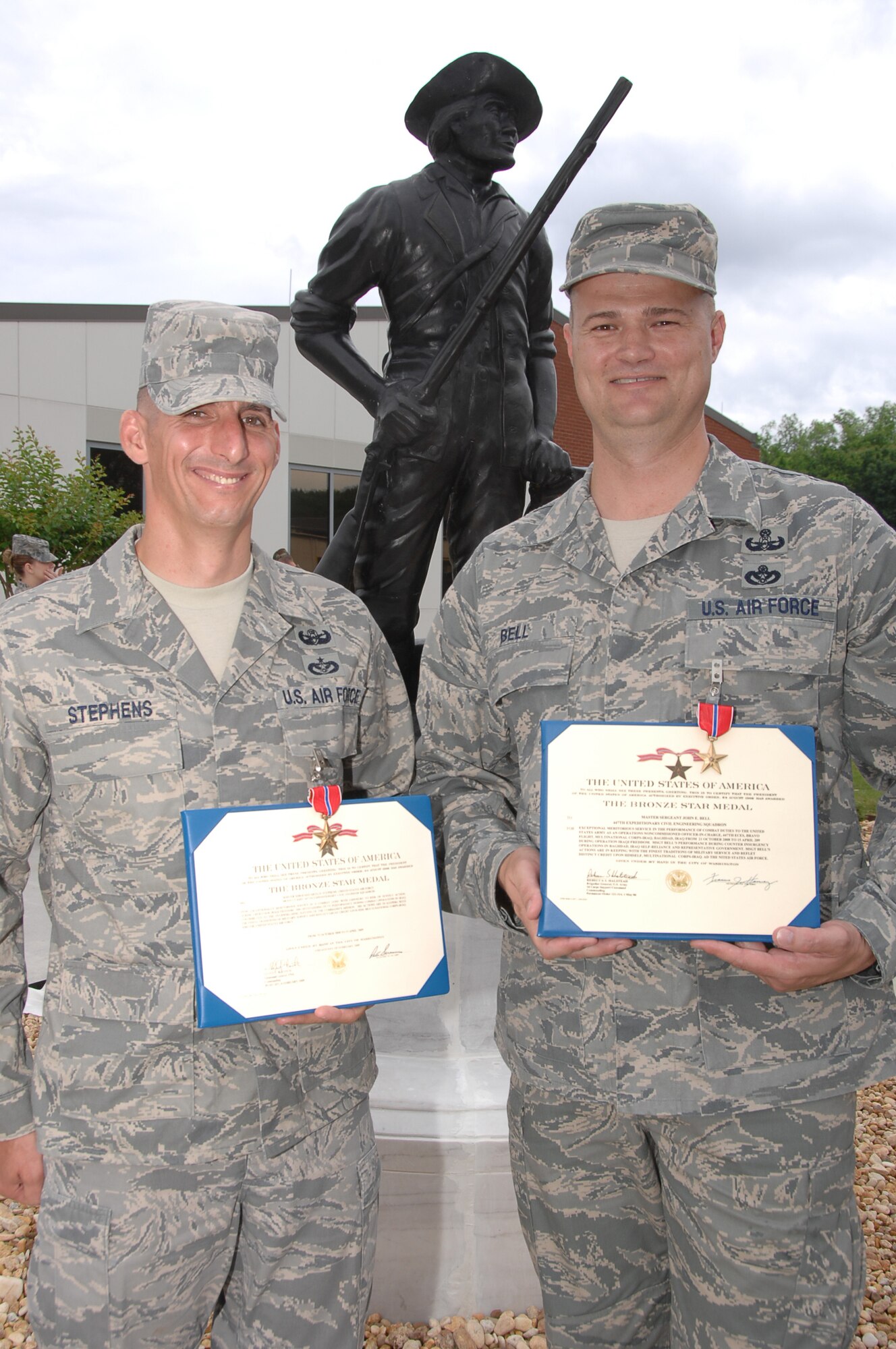 Master Sgts. Greg Stephens and John Bell were awarded Bronze Star medals for their work in supporting Operation Iraqi Freedom from October 2008 to April 2009 as members of the 447th Expeditionary Civil Engineering Squadron, Bravo Flight, Multi-National Corps-Iraq, Baghdad. 