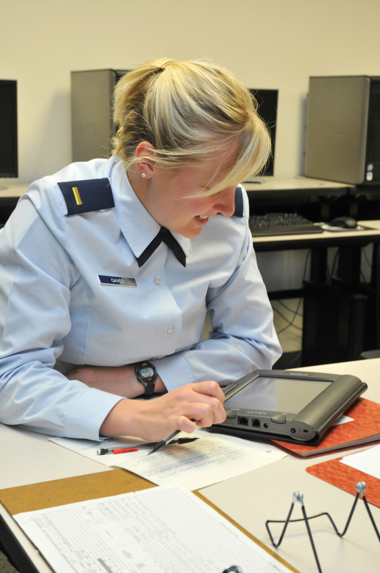 Second Lt. April Caves uses an e-book in the weather officer course.  (U.S. Air Force photo by Adam Bond)