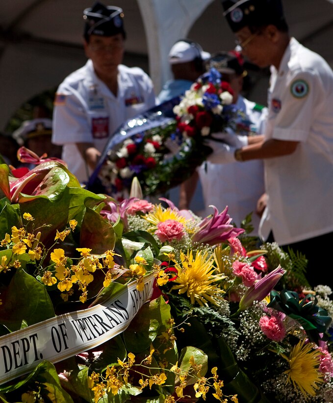 HONOLULU - Republic of Korea veterans place a wreath during the Korean War Memorial June 25 at National Memorial Cemetery of the Pacific. During the annual memorial, Honolulu Mayor Mufi Hannemann declared June 25 Korean War Remembrance Day to ensure Hawaii never forgets. (Official U.S. Marine Corps photo by Lance Cpl. Achilles Tsantarliotis)(Released)
