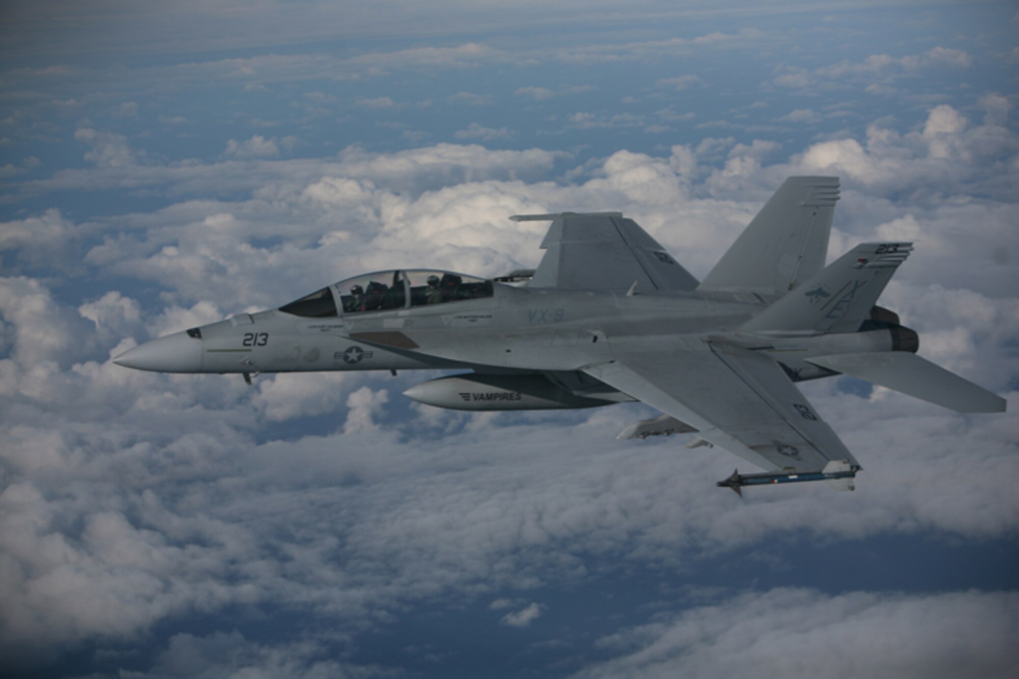ELMENDORF AIR FORCE BASE, Alaska -- An F/A-18F flown by Navy Air Test and Evaluation Squadron 9 soars above the Gulf of Alaska during a training mission for Northern Edge 2009 June 22. Northern Edge was a joint training exercise that utilized approximately 120,000 square miles of training airspace. (U.S. Air Force photo/Marine Corps Sgt. Zachary Dyer)