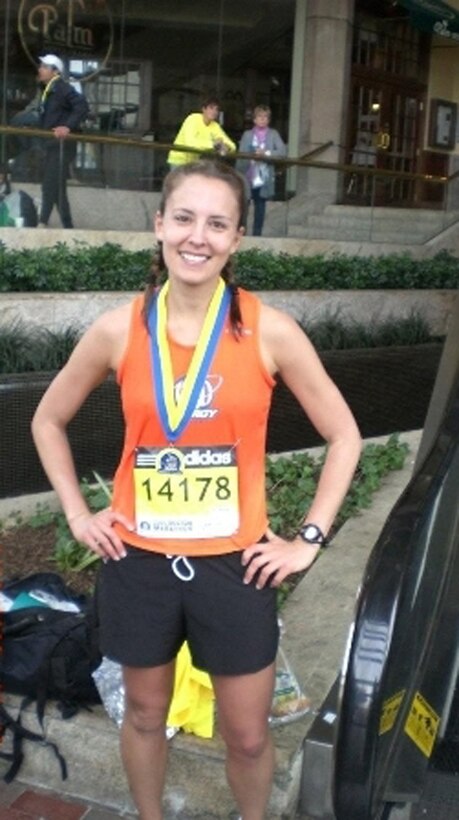 Capt. Christina Bologna, an Airman belonging to the 932nd Airlift Wing maintenance group prepares to run in the Boston marathon.  She is encouraging other military members to stay in shape and leads a workout program during Air Force Reserve drill weekends.  She and other unit reservists plan to run in the Air Force marathon in September.  (photo submitted)