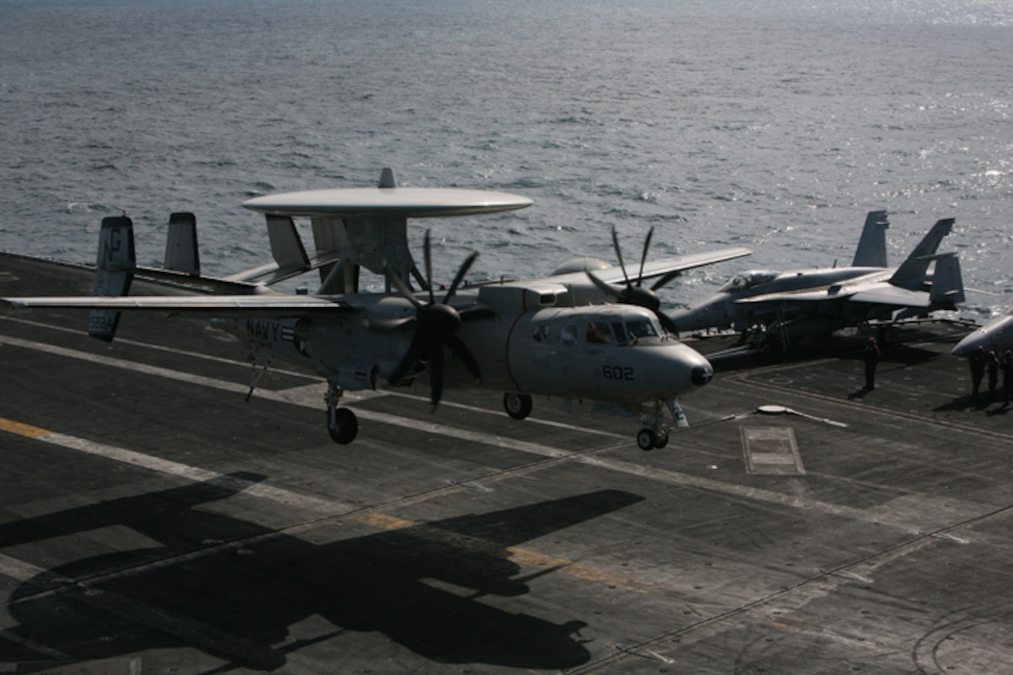ELMENDORF AIR FORCE BASE, Alaska -- An E2-C Hawkeye comes in for a landing on the flight deck of the USS John C. Stennis (CVN 74) after completing a training mission for Northern Edge 2009 June 23. The Hawkeye serves as a command and control aircraft for the Navy. (U.S. Air Force photo/Marine Corps Sgt. Zachary Dyer)