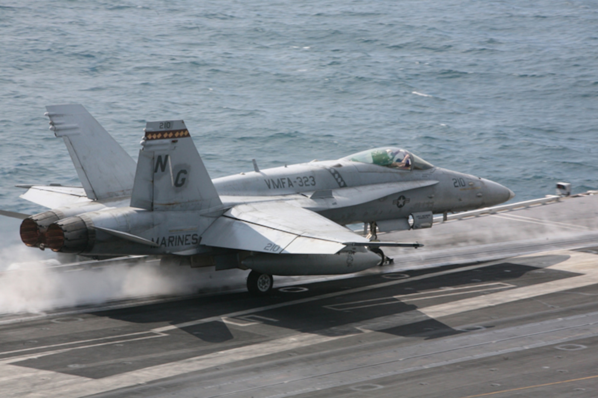 ELMENDORF AIR FORCE BASE, Alaska -- A steam-powered catapult aboard the USS John C. Stennis (CVN 74) launches a F/A-18C Hornet flown by Marine Fighter Attack Squadron 323 off the flight deck June 23. The Marines of VMFA-323 are one of nine squadrons aboard the Stennis participating in Northern Edge. (U.S. Air Force photo/Marine Corps Sgt. Zachary Dyer)