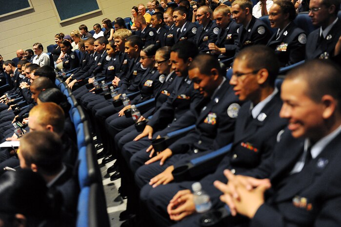 Air Force Junior Reserve Officer Training Course cadets sit in the base theater during the Summer Leadership School graduation ceremony June 26. Nellis hosts a hand-selected group of Junior Reserve Officer Training Course cadets from various high schools in the Las Vegas area for a week-long in-residence Summer Leadership School, which follows the BMT format