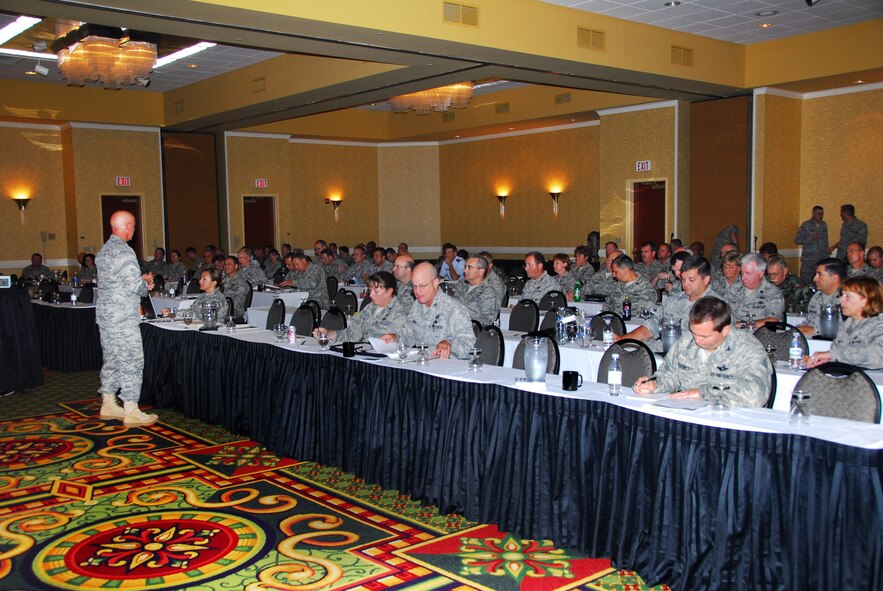 Air National Guard Security Forces Director Col. John Wakefield, provides an update on security forces issues across the Air National Guard to more than 120 commanders and deputy commanders at the Mission Support Group Commander's Conference held June 22 through 26 at the Marriott West Hotel, Madison, Wis. Many topics were discussed over the course of the week that pertain to mission support issues. Among the many issues discussed were the mobilization of security forces and civil engineer squadrons in the next few years. Feedback from the conference will be taken to an advisory council which meets on a regular basis with the Lt. Gen. Harry Wyatt III, Air National Guard Director. (Photo by Tech. Sgt. Jon LaDue) 
