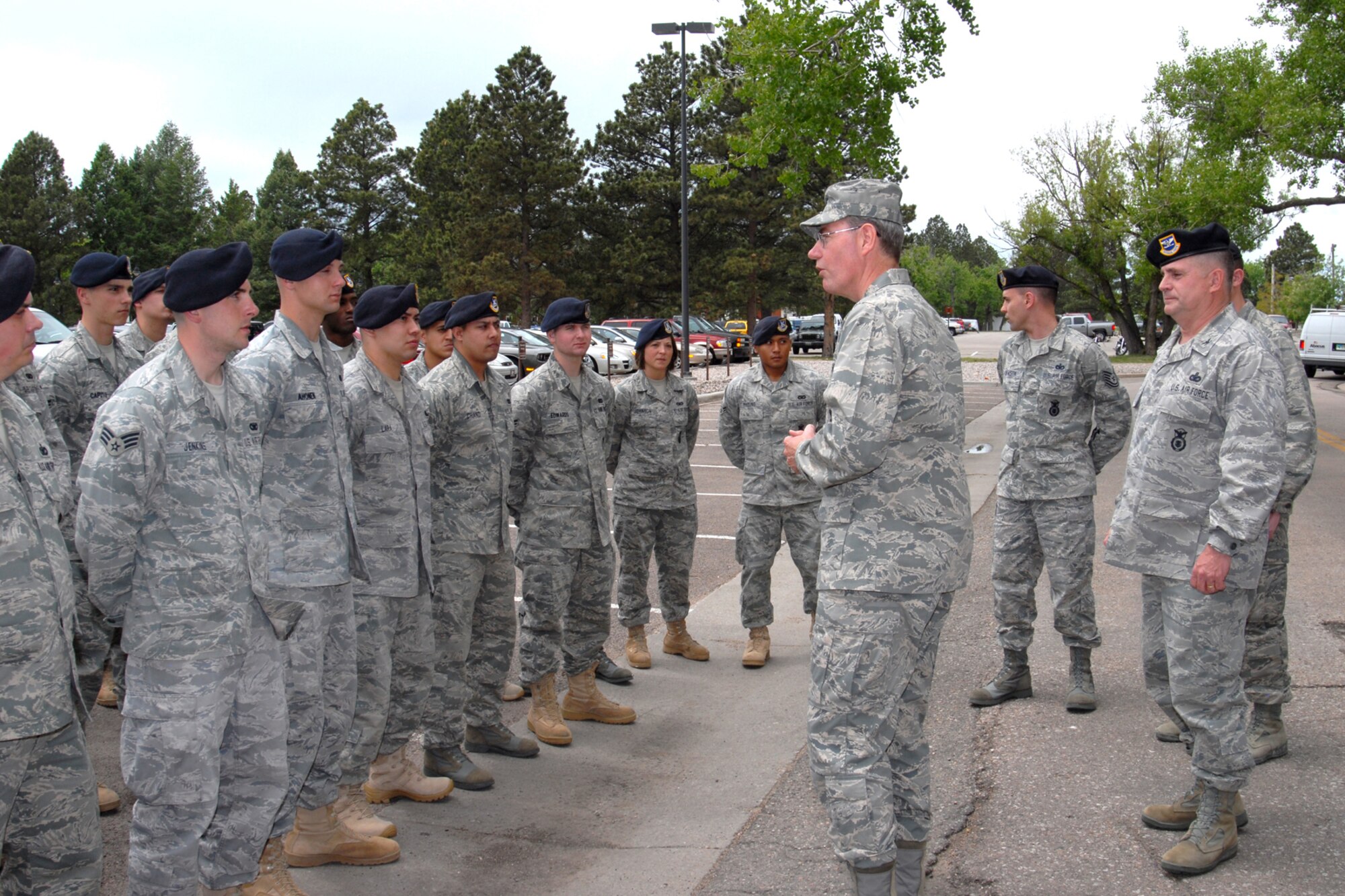 Col. Mike Morgan, 90th Missile Wing commander, speaks to the newly reactivated Flight 8 of the 90th Missile Security Forces Squadron June 17. Flights 8 and 9 were deactivated in early 2008 as part of a manpower alignment. (Photo by Bernie Ernst.)