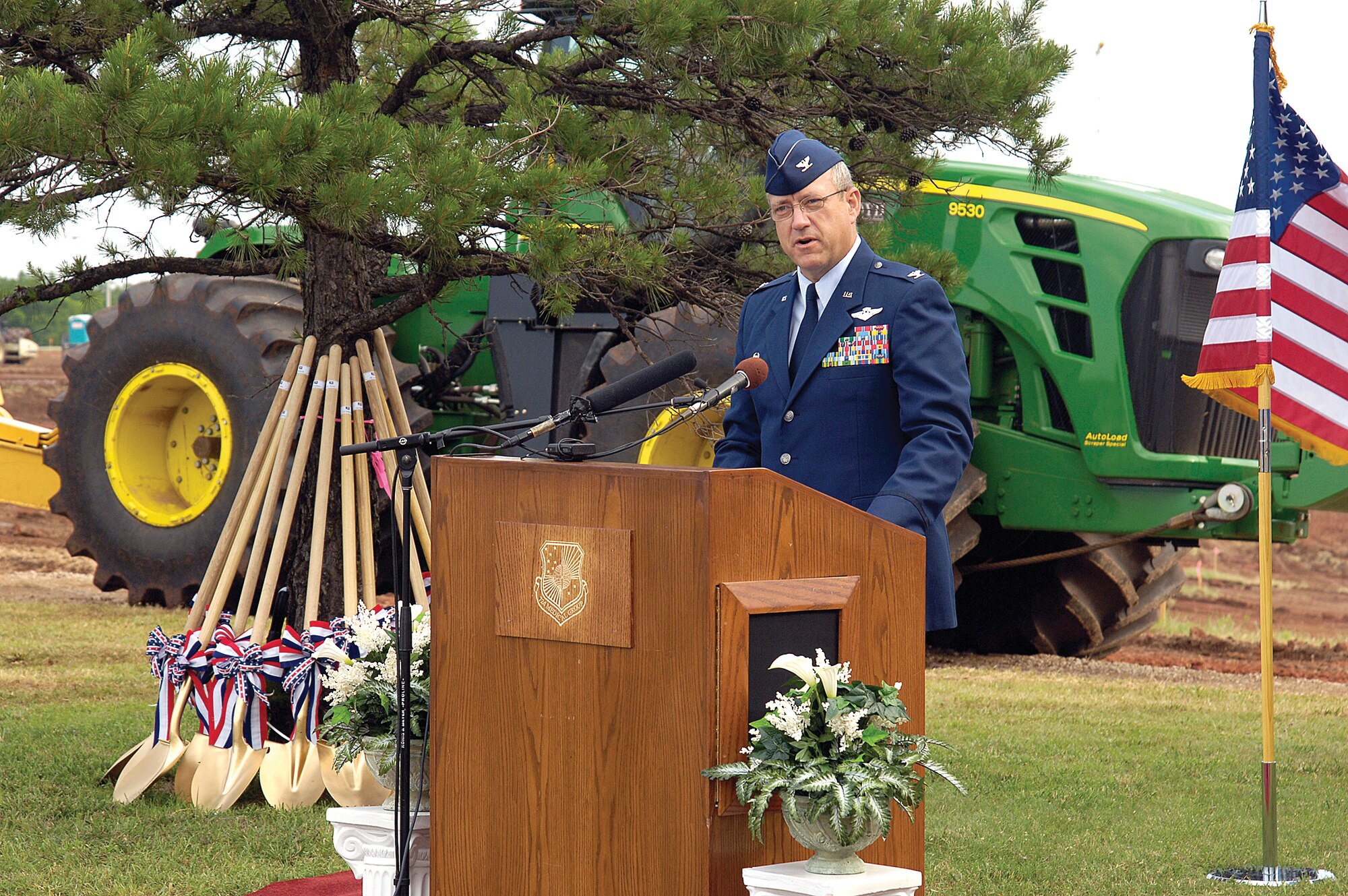 Col. Robert Marks, 72nd Medical Group commander, speaks at the groundbreaking ceremony for the new Tinker clinic recently. (Air Force photo by Margo Wright)
