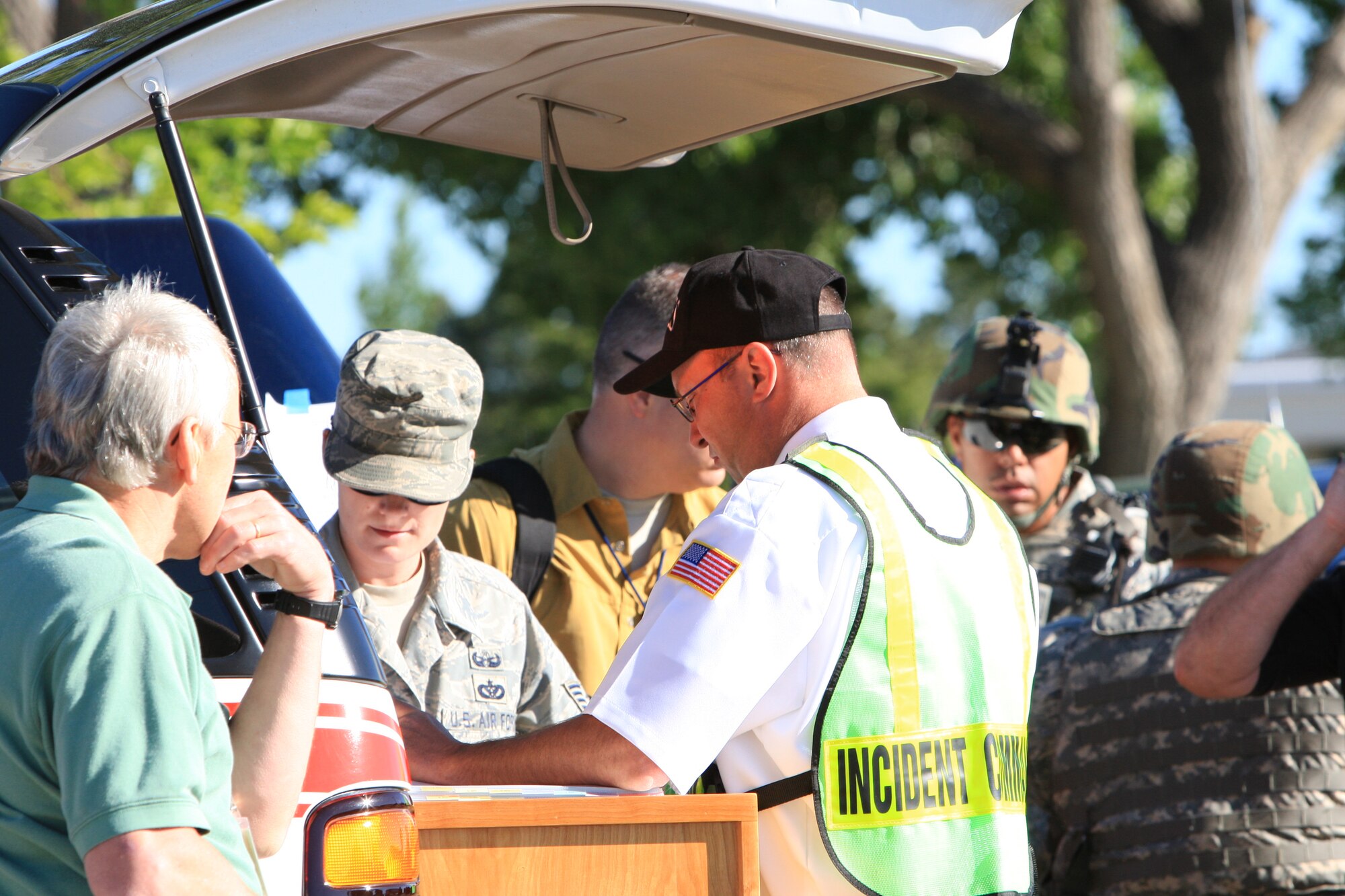 Warren Fire Chief John McDougal, 90th Civil Engineer Squadron, acts as the incident commander until the initial response force commander arrives to take control of the situation.