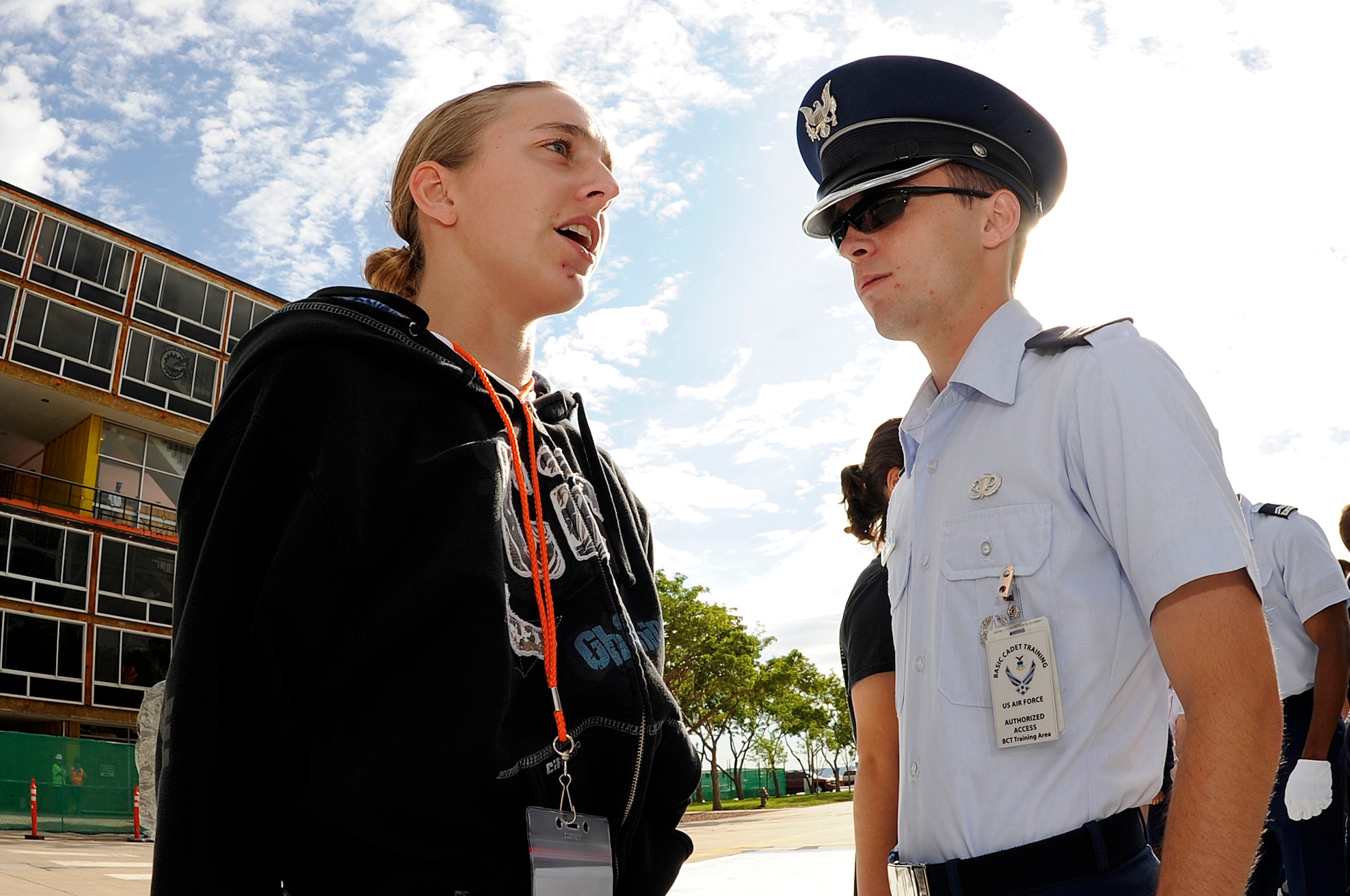 A basic cadet learns basic responses during cadet inprocessing June 25 at the U.S. Air Force Academy in Colorado Springs, Colo. Females comprise 20 percent of the Class of 2013. (U.S. Air Force photo/Mike Kaplan) 