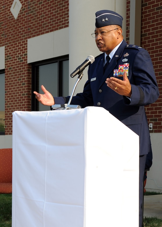 LANGLEY AIR FORCE BASE, Va. -- Maj. Gen. Gary T. McCoy, Air Force Global Logistics Support Center commander, speaks to Airmen during the ribbon-cutting ceremony for the new 735th Supply Chain Management Group building here June 26. The new building was built to accommodate more employees and improve working conditions for 735th SCMG personnel.  (U.S. Air Force photo/Airman 1st Class Jonathan Koob)
