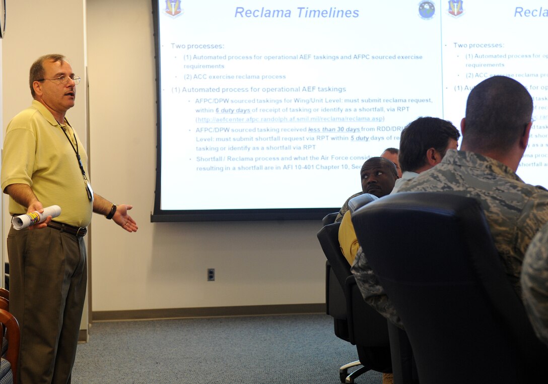 LANGLEY AIR FORCE BASE, Va. -- Kevin Bigelow, Headquarters Air Combat Command senior logistics strategic planner, briefs manpower personnel on the Air Expeditionary Force Reclama Timeline at the Ryan Center June 23.  This briefing was part of the 2009 Air Combat Command Manpower Wartime Conference.  (U.S. Air Force photo/Senior Airman Zachary Wolf) 