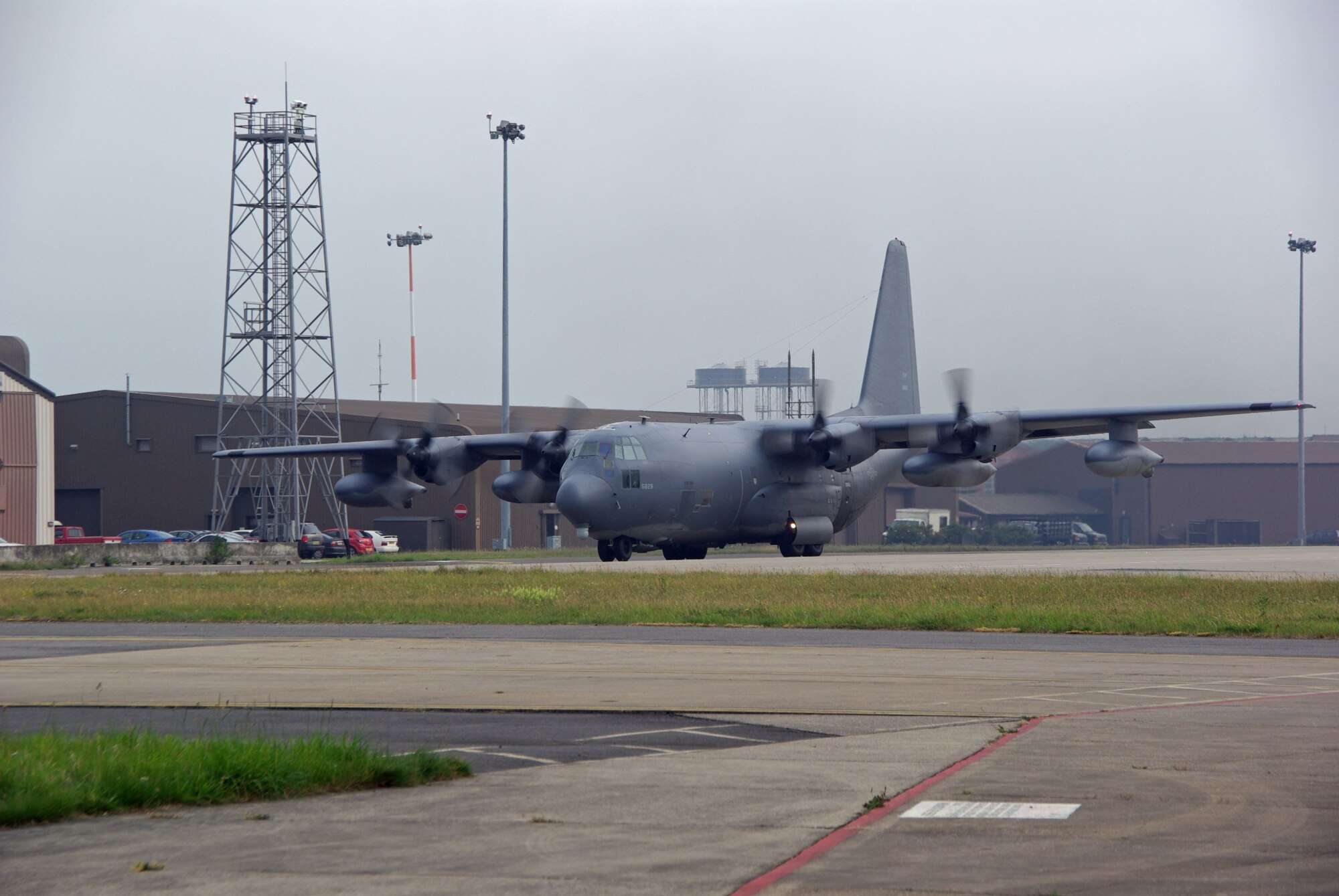 RAF MILDENHALL, England -- An MC-130P Combat Shadow from the 352nd Special Operations Group prepares for takeoff in support of a rescue effort of a crew member onboard a container ship off the coast of Ireland. The rescue effort involves coordination between the U.S. Air Force and Royal Air Force units. (U.S. Air Force photo by Tech. Sgt. Marelise Wood)
