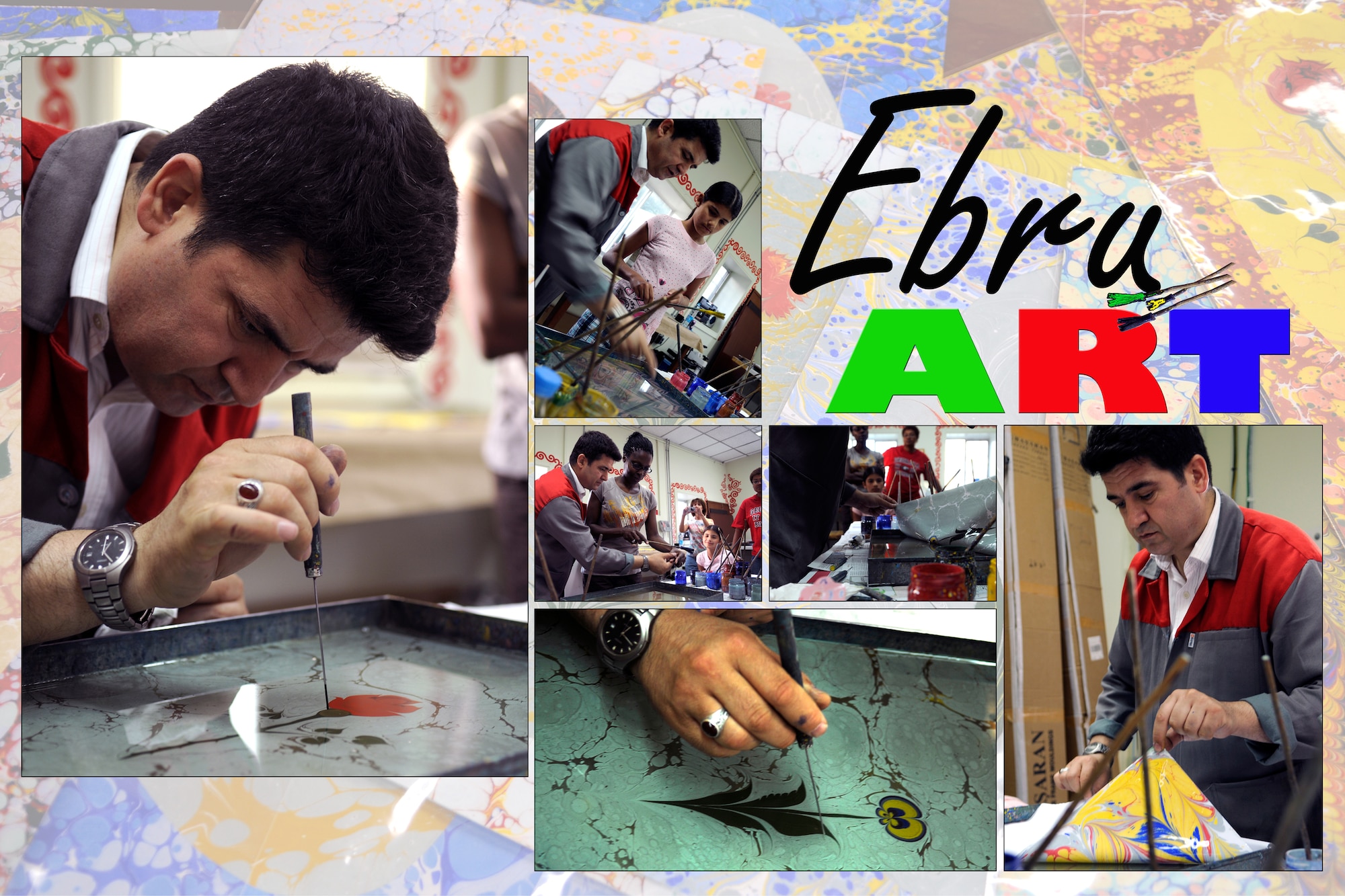 The Incirlik Arts and Crafts Center here hosted an Ebru art class tought by Mesut Dikel.  Mr. Dikel has been creating Ebru art, a unique Turkish art form, for nearly 24 years.  Ebru, or paper marbling, has been practiced in Turkey since the 15th century and uses all-natural products, from the brushes to the paints.  The center plans to offer the class monthly.  Note: original poster size 30" X 20" (U.S. Air Force photo layout/Staff Sgt. Raymond Hoy) 