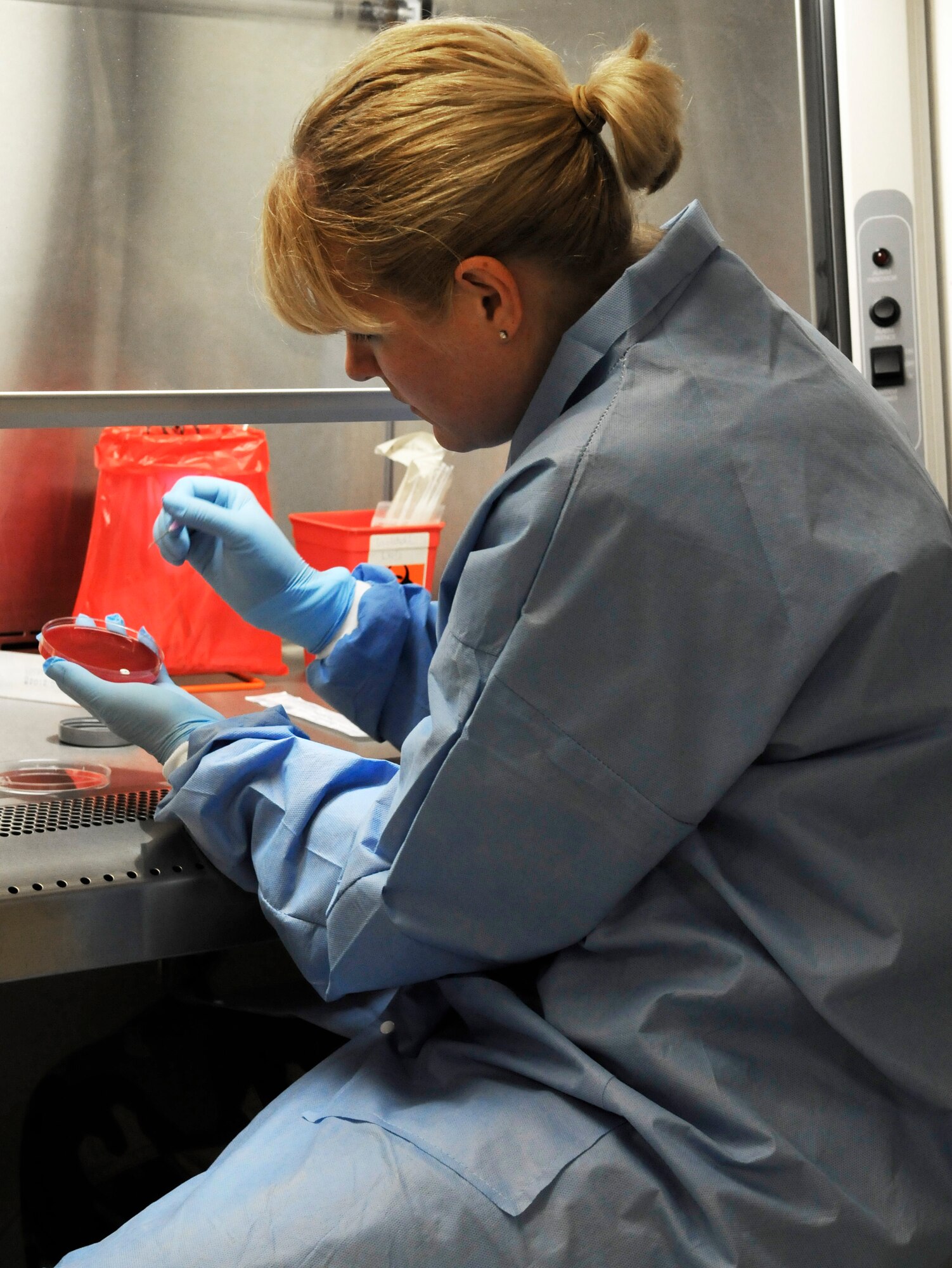 Tech. Sgt. Melanie Curtis, a laboratory technician with the 434th Aerospace Medical Squadron, Grissom Air Reserve Base, Ind., prepares a “Strep A” culture at the medical clinic laboratory, Lajes Field, Azores, on June 18. Tech. Sgt. Curtis was one of 12 Air Force medical reservists that completed their annual two week tour at Lajes Field. (U.S. Air Force photo by Staff Sgt. Darrell I. Dean)