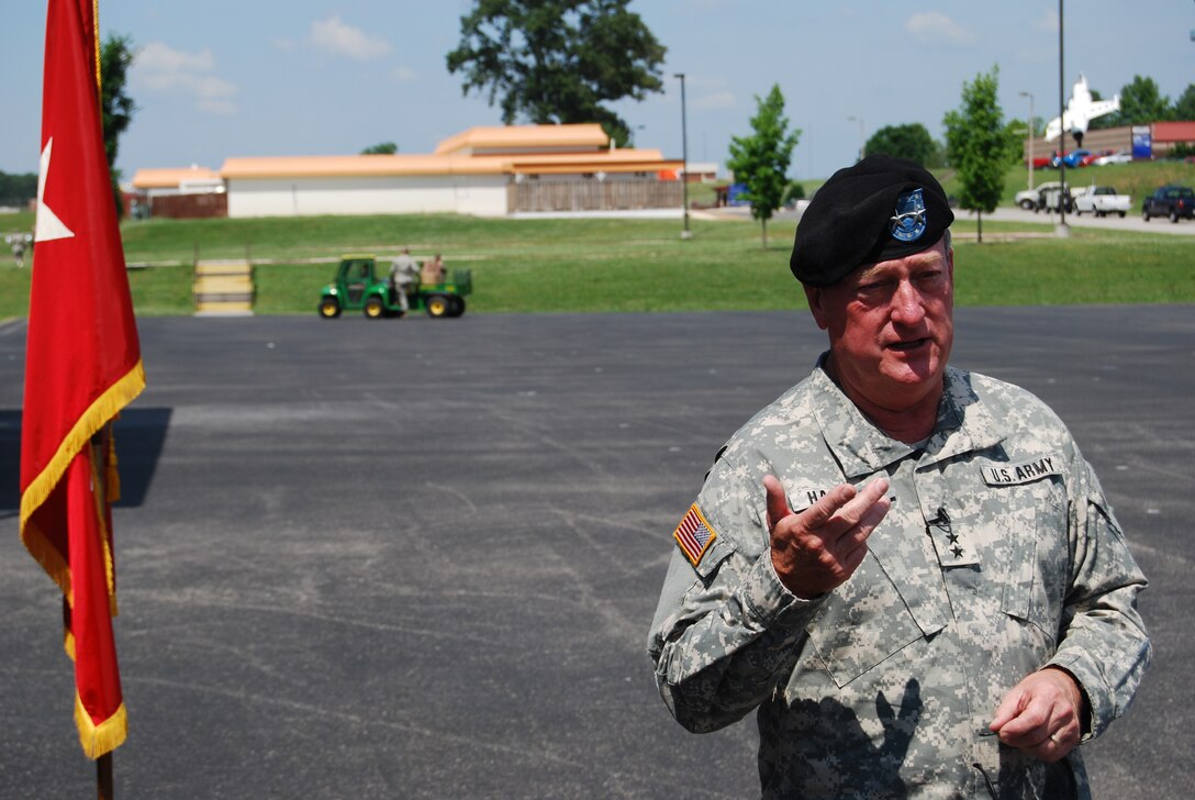 Major Gen Gus Hargett, the Tennessee Adjutant General, talks to the media after presenting the Air Force Outstanding Unit Award to the 134th AIr Refueling Wing, the 119th Command and Control Squadron (CACS) and the 228th Combat Communications Squadron (CBCS) all located at McGhee Tyson ANGB, Tennessee.  (Air National Guard Photo by Staff Sgt. Mark Finney)