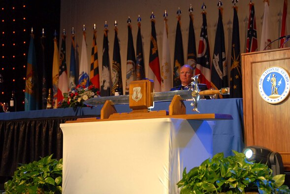 On Nov. 1, the Order of the Sword was presented to Lt. Gen. Craig R. McKinley at McGhee Tyson Air National Guard Base's infamous orange hangar. Over 500 enlisted personnel from all over the United States were in attendance. (U.S. Air Force Photo by Master Sgt. Kurt Skoglund)