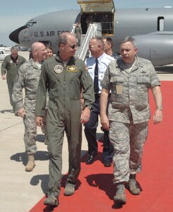 GRISSOM AIR RESERVE BASE, Ind., --  Gen. Kevin Chilton (left) Commander, U.S. Strategic Command, and Brig. Gen. Dean Despinoy, Commander, 434th Air Refueling Wing, discuss business as they walk down the red carpet at Grissom ARB.  General Chilton visited Grissom during a recent Unit Training Assembly.