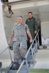 GRISSOM AIR RESERVE BASE, Ind., -- Brig. Gen. Dean Despinoy, 434th Air Refueling Wing Commander, and Col. Martin Doebel, National Airborne Operations Center Commander, exit the E-4B after the general&#039;s tour of the NAOC.  The NAOC is used during national emergencies or destruction of ground command control centers.  The aircraft provides a modern, highly survivable, command, control and communications center to direct U.S. forces, execute emergency war orders and coordinate actions by civil authorities.