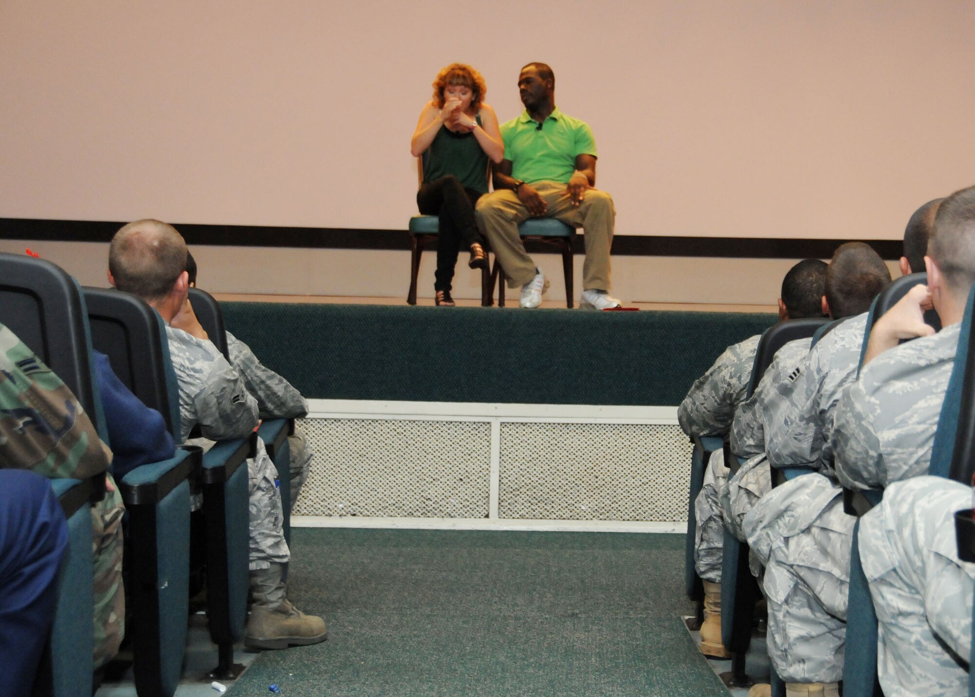 ANDERSEN AIR FORCE BASE, Guam - More than 800 Airmen attend a 90-minute interactive improv show "Sex Signals" hosted by the 36th Wing Sexual Assault Prevention and Response Program. Actors Courtney Abbott and Kyle Terry focused on issues such as dating, sex, sexual assault and rape. With a total of six shows in Guam and more than 30 in just three and a half weeks, this wraps up their tour performing at military bases across the Pacific. (U.S. Air Force photo by Senior Airman Nichelle Griffiths)
