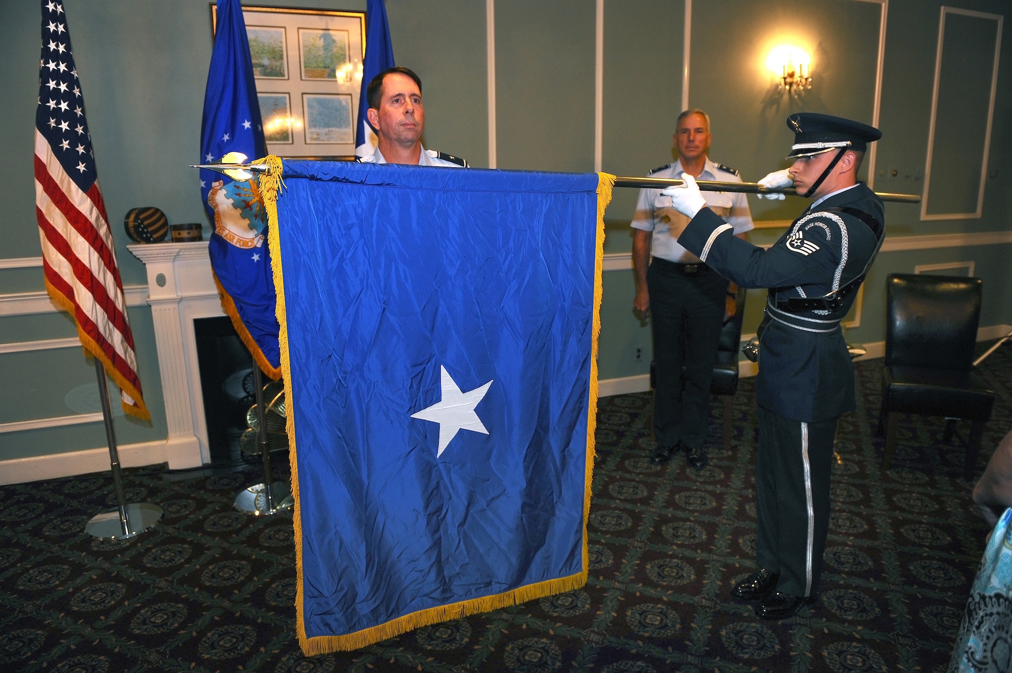 OFFUTT AIR FORCE BASE Neb. -- Brig. Gen. John N.T. Shanahan is presented his flag by the Offutt Honor Guard as part of the promotion ceremony held at the Offutt Patriot Club, June 29. General Shanahan is the 55th Wing commander and is responsible for the organizing, equipping and training the wing's men and women around the globe.


U.S. Air Force Photo by Josh Plueger
