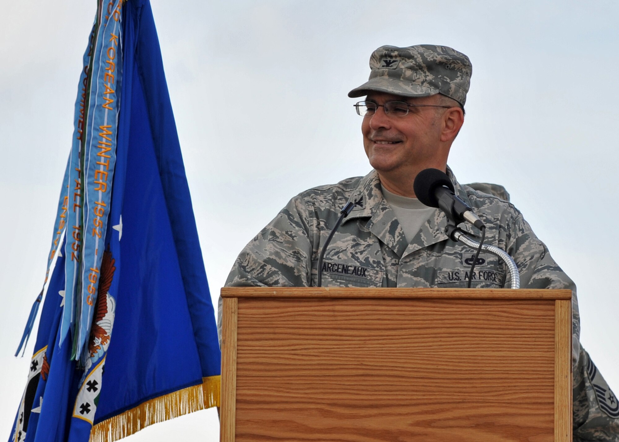 ELMENDORF AIR FORCE BASE, Alaska -- Col. Michael Arceneaux bids farewell to the 3rd Maintenance Group during the change of command ceremony June 25. (U.S. Air Force photo/Senior Airman Laura Turner)