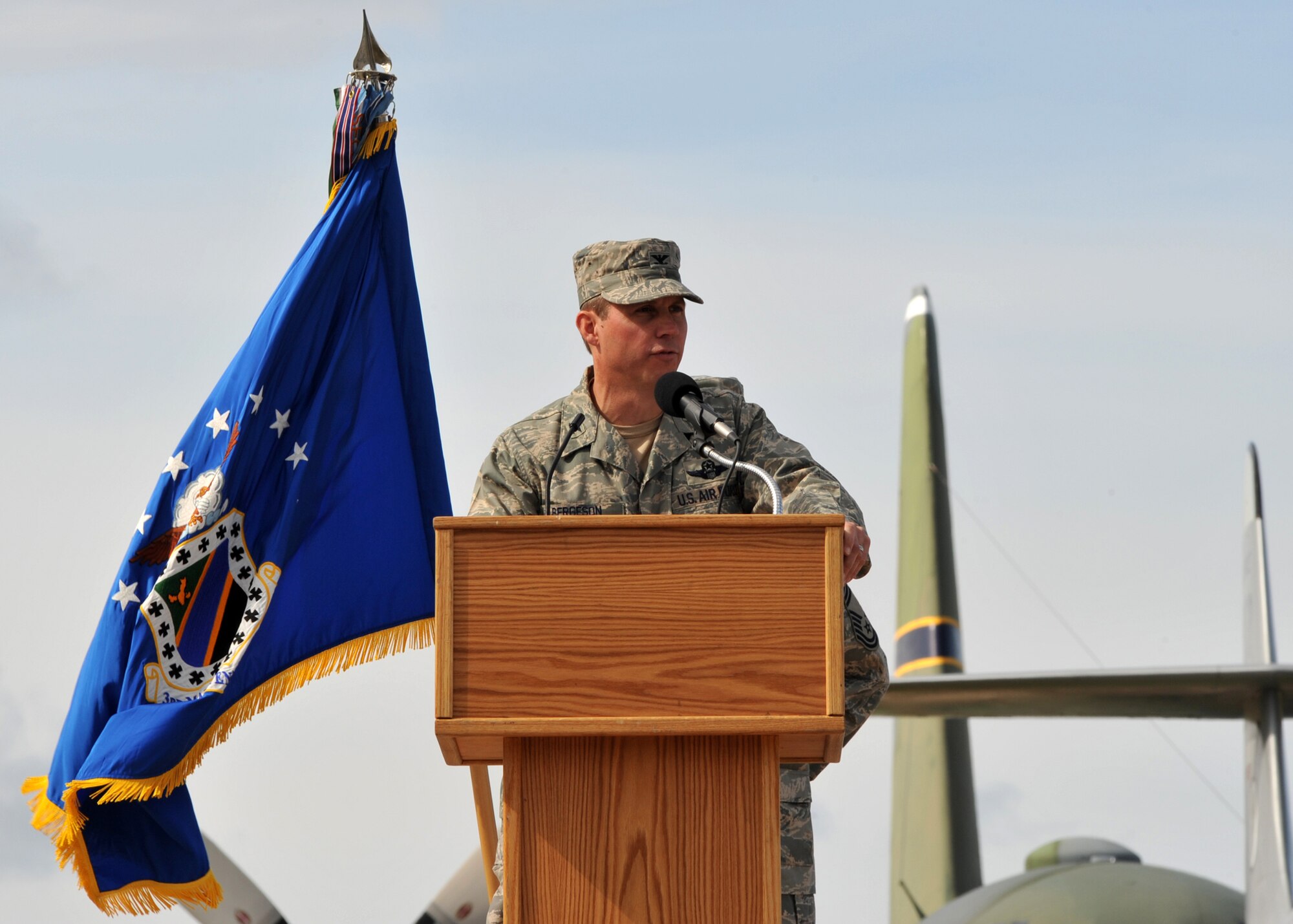 ELMENDORF AIR FORCE BASE, Alaska -- Col. Thomas Bergeson speaks to the attendants of the 3rd Maintenance Group change of command June 25. Bergeson is the 3rd Wing commander. (U.S. Air Force photo/Senior Airman Laura Turner)