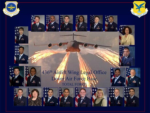 The 436th Airlift Wing Legal Office was recently named the Air Mobility Command Legal Office of the Year. The office is staffed with Airmen from the 436th and 512th Airlift Wings, as well as civilians - making it a genuine "Team Dover" office. The members of the command's best legal office are (from top left moving clockwise) Lt. Col. Wes Moore, Tech. Sgt. Tyson Gee, Capt. Rob Leahy, Senior Airman Ashley Fowler, Tech. Sgt. Michelle Palmer, Tech. Sgt. Antonio Infante, Carmel-Ann Feliciani, Capt. Neal Patel, Staff Sgt. Suzanne Norther, Tech. Sgt. Brian May, Capt. Kelly Solomon, Maj. Rob Hume, Gail Dennis, Airman 1st Class Nicole Haan, Maj. Anne-Marie Rimback, Staff Sgt. Beshara Taher, Cathy Florczak, Capt. Nathaniel Himert, Master Sgt. Darren Hall, Staff Sgt. Trena-Kae Campbell, Tech. Sgt. Tara Chappell, and Lt. Col. Margeretta Overly. (Courtesy Illustration) 
