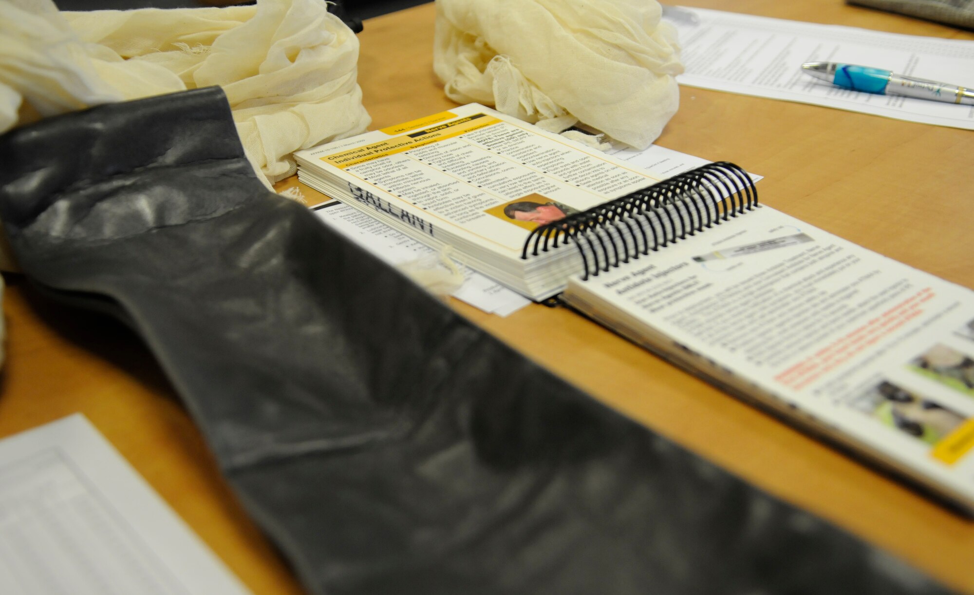 Self aid and buddy care equipment is laid out and prepared for training at RAF Mildenhall June 26.  Self aid and buddy care training consists of computer based training and hands on experience.  (U.S. Air Force photo by Staff Sergeant Christopher L. Ingersoll)
