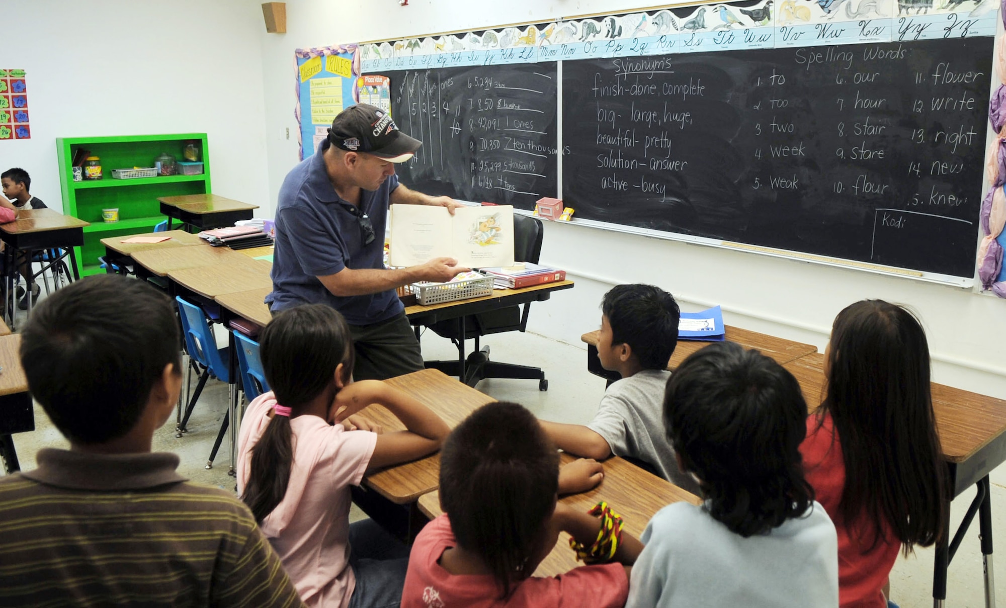 Senior Master Sgt. Peter Allan reads to third and fourth graders June 19 at Machananao Elementary School in Agana, Guam. The North Conway, N.H., native is deployed to Andersen Air Force Base, Guam, from Elmendorf AFB, Alaska, to support U.S. Pacific Command's continuous bomber presence in the Asia-Pacific Region. Sergeant Allan is a superintendent with the 525th Expeditionary Aircraft Maintenance Unit. (U.S. Air Force photo/Senior Airman Christopher Bush) 
