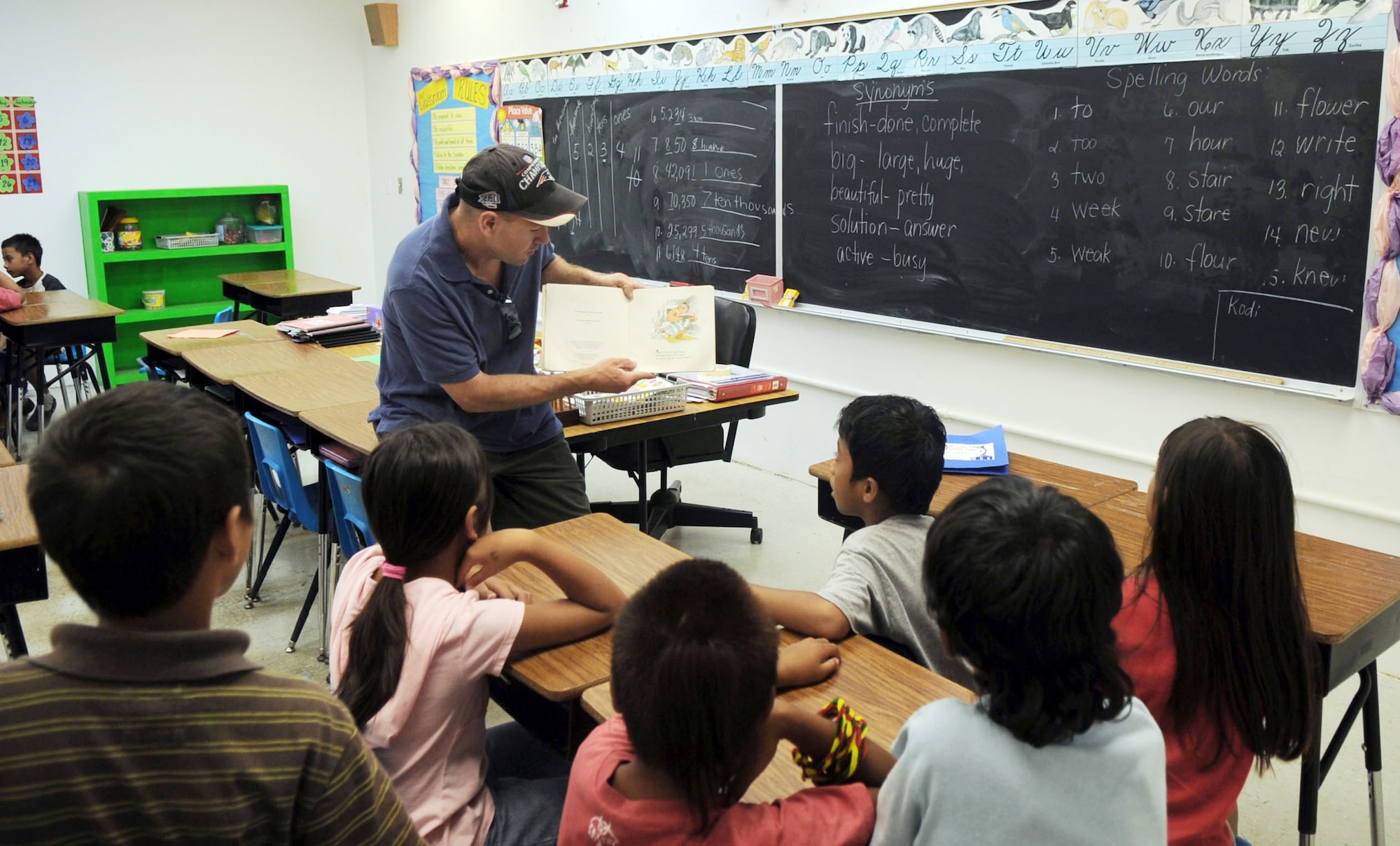 Senior Master Sgt. Peter Allan reads to third and fourth graders June 19 at Machananao Elementary School in Agana, Guam. The North Conway, N.H., native is deployed to Andersen Air Force Base, Guam, from Elmendorf AFB, Alaska, to support U.S. Pacific Command's continuous bomber presence in the Asia-Pacific Region. Sergeant Allan is a superintendent with the 525th Expeditionary Aircraft Maintenance Unit. (U.S. Air Force photo/Senior Airman Christopher Bush) 
