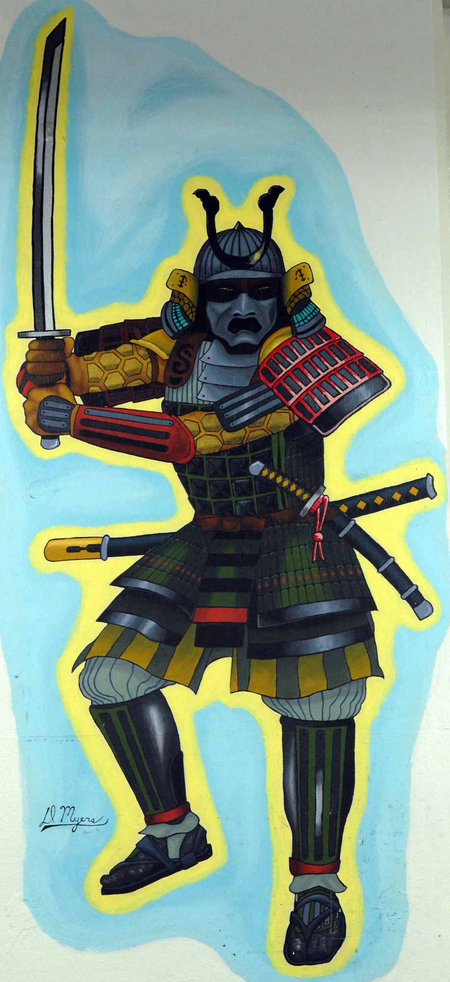 MISAWA AIR BASE, Japan -- Murals of Samurai and other inspirational themes are painted on walls and pillars in the 14th Aircraft Maintenance Unit. These murals have been painted to help inspire moral and esprit de corp. (Air Force Photo/Staff Sgt. Phillip Butterfield)