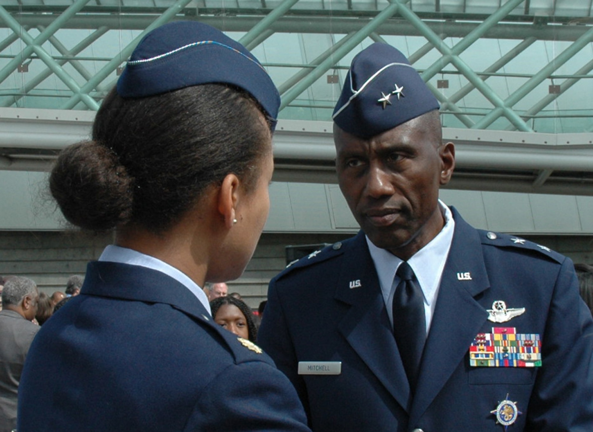 Maj. Gen. Harold "Mitch" Mitchell, right, mobilization assistant to the Commander, U.S. Transportation Command, Scott Air Force Base, Ill., was a presenter during the Lt. Col. Michael Anderson memorial and aerospace scholarship foundation at the Museum of Flight in Seattle, June 26. General Mitchell also coordinated the event.