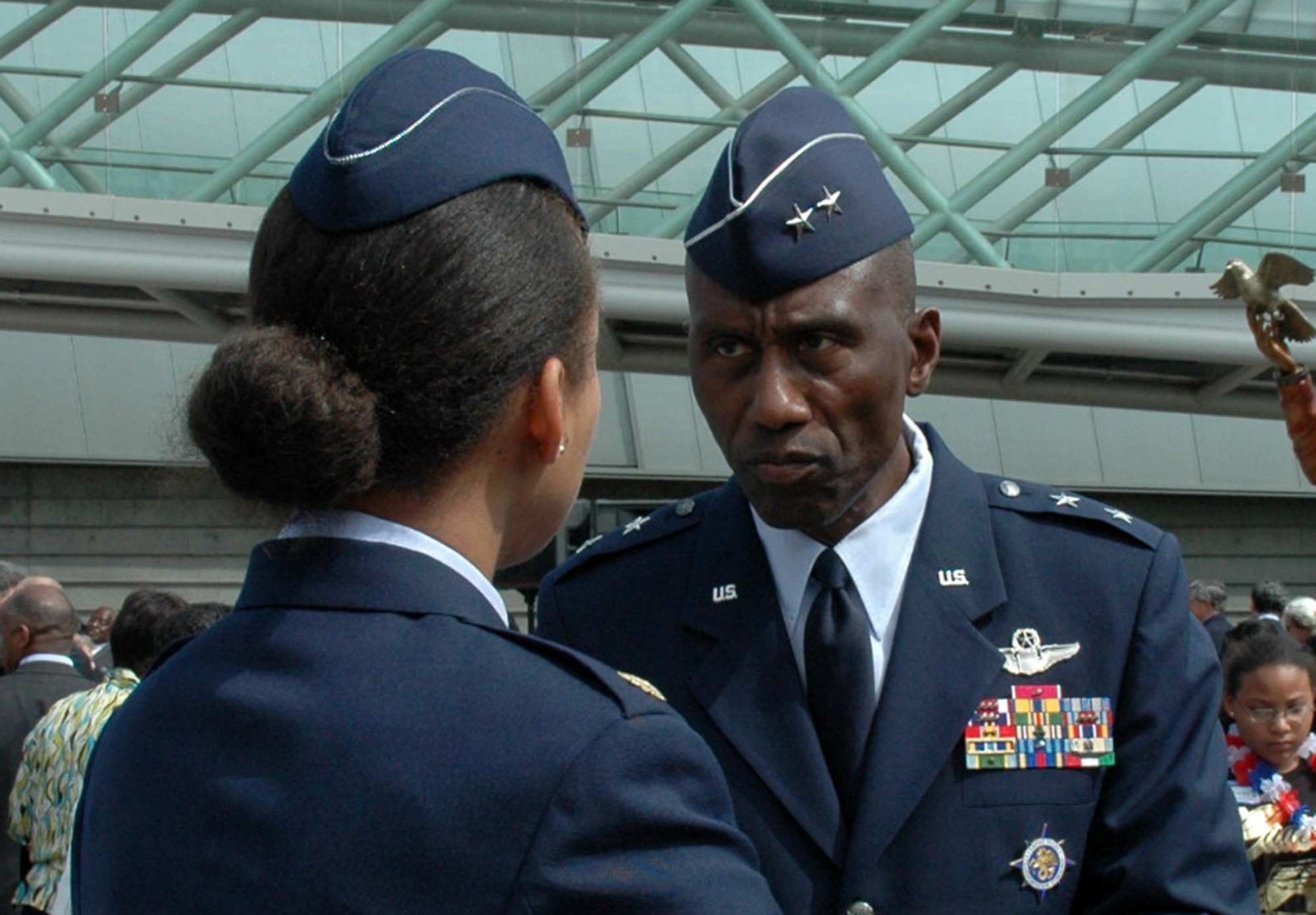 Maj. Gen. Harold "Mitch" Mitchell, right, mobilization assistant to the Commander, U.S. Transportation Command, Scott Air Force Base, Ill., was a presenter during the Lt. Col. Michael Anderson memorial and aerospace scholarship foundation at the Museum of Flight in Seattle, June 26. General Mitchell also coordinated the event.