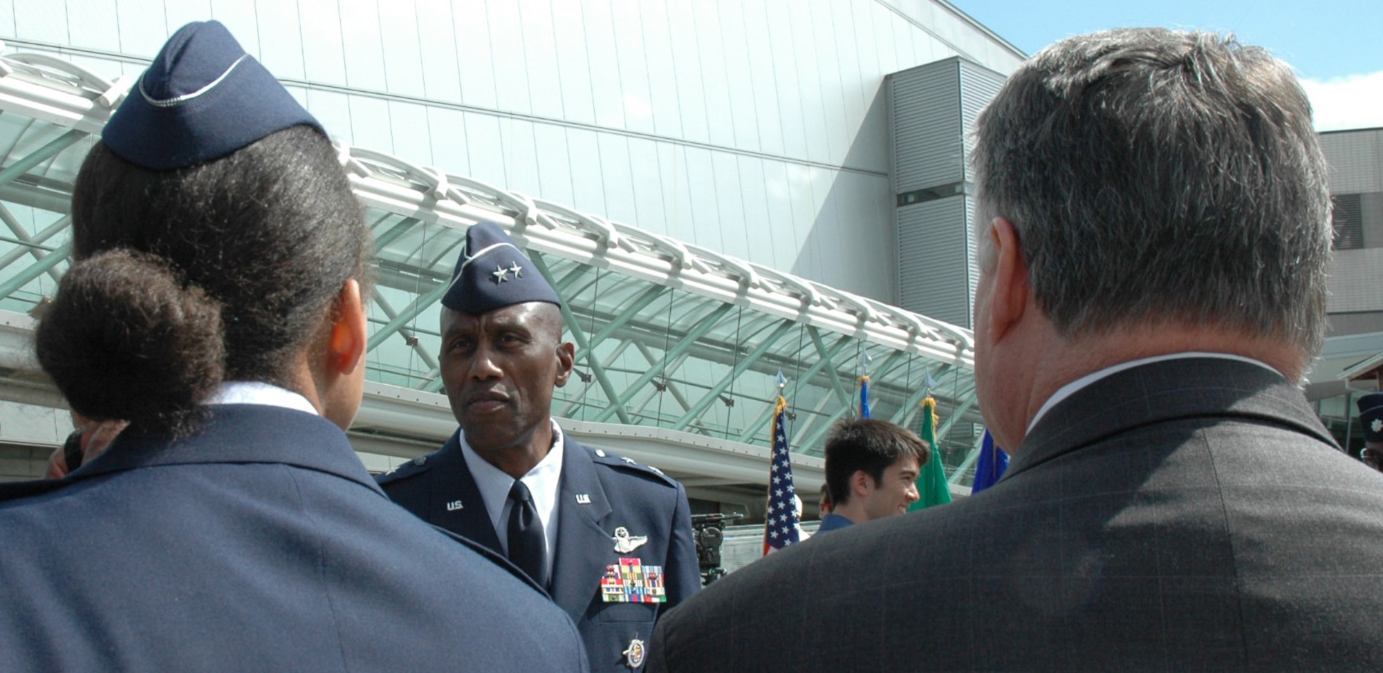 Maj. Gen. Harold "Mitch" Mitchell, center, mobilization assistant to the Commander, U.S. Transportation Command, Scott Air Force Base, Ill., was one of the presenters during the Lt. Col. Michael Anderson memorial and aerospace scholarship foundation at the Museum of Flight in Seattle, June 26. General Mitchell also coordinated the event.