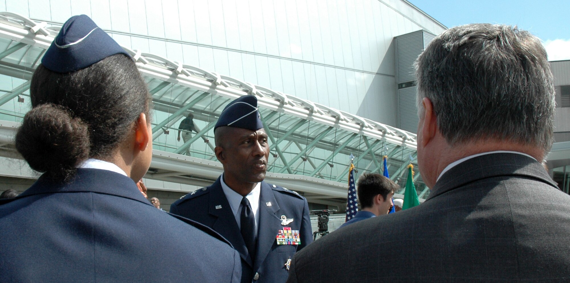 Maj. Gen. Harold "Mitch" Mitchell, center, mobilization assistant to the Commander, U.S. Transportation Command, Scott Air Force Base, Ill., was one of the presenters during the Lt. Col. Michael Anderson memorial and aerospace scholarship foundation at the Museum of Flight in Seattle, June 26. General Mitchell also coordinated the event.
