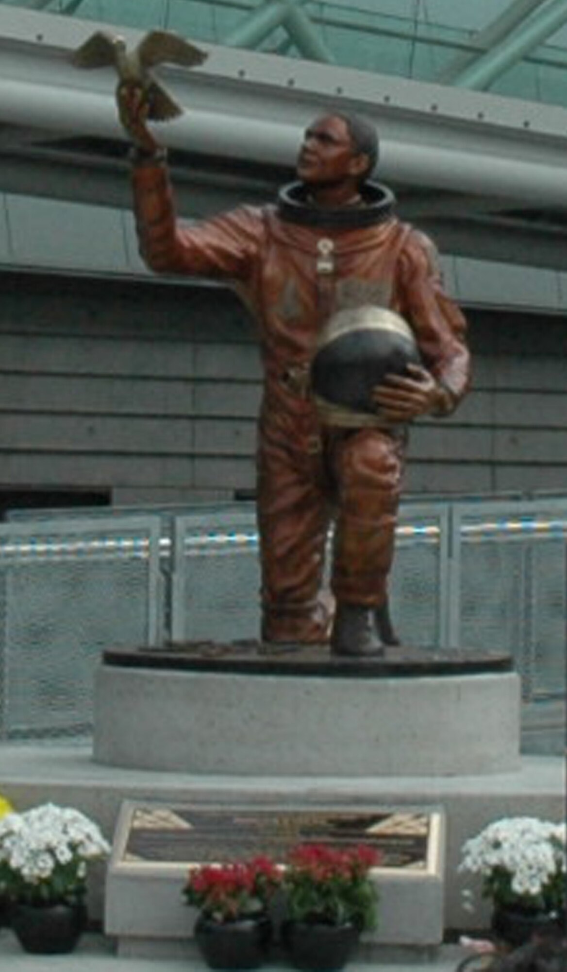The statue of Lt. Col. Michael Anderson, an astronaut who lost his life in the Space Shuttle Columbia Disaster, is place in front of the Museum of Flight in Seattle. The memorial and aerospace scholarship foundation were created in memory of the Spokane, Wash. native at the Museum of Flight, June 26.