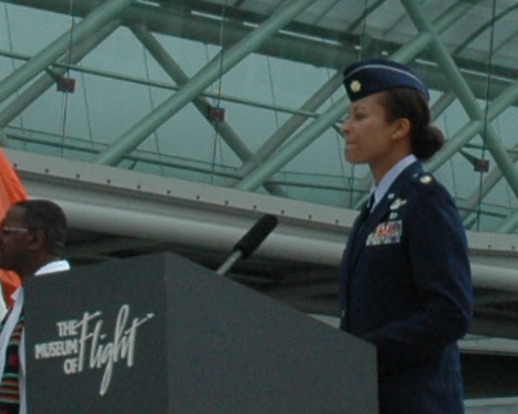Maj. Kimberly Scott, a pilot with the 728th Airlift Squadron, was the Master of Ceromony at the Lt. Col. Michael Anderson memorial and aerospace scholarship foundation at the Museum of Flight in Seattle, June 26.