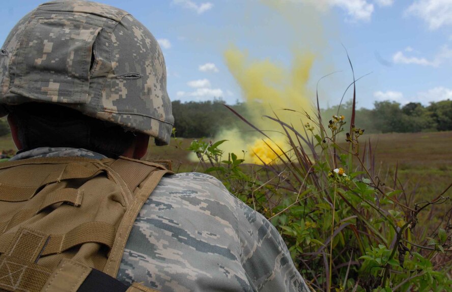 WHEELER ARMY AIR FIELD, Hawaii -- A 25th Air Support Operations Squadron Tactical Air Control Party Airman provides landing zone security after a pseudo “attack” on Wheeler Army Air Field's East Range June 23. He and other Radio Operators, Maintainers and Drivers camped out for four days to sharpen proficiencies necessary for upgrade training to become combat mission-ready Joint Terminal Attack Controllers. Because they're training now, they'll have a better idea of what to expect when they get to Afghanistan with an Army unit. (U.S. Air Force photo/Senior Airman Carolyn Viss)