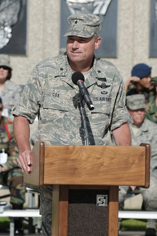 Commandant of Cadets Brig. Gen Samuel Cox speaks to the Class of 2013 during the Oath of Allegiance Ceremony June 25 at the U.S. Air Force Academy in Colorado Springs, Colo. Approximately 1,400 cadets were selected for the Class of 2013 out of nearly 10,000 applicants. (U.S. Air Force photo/Rachel Boettcher)
